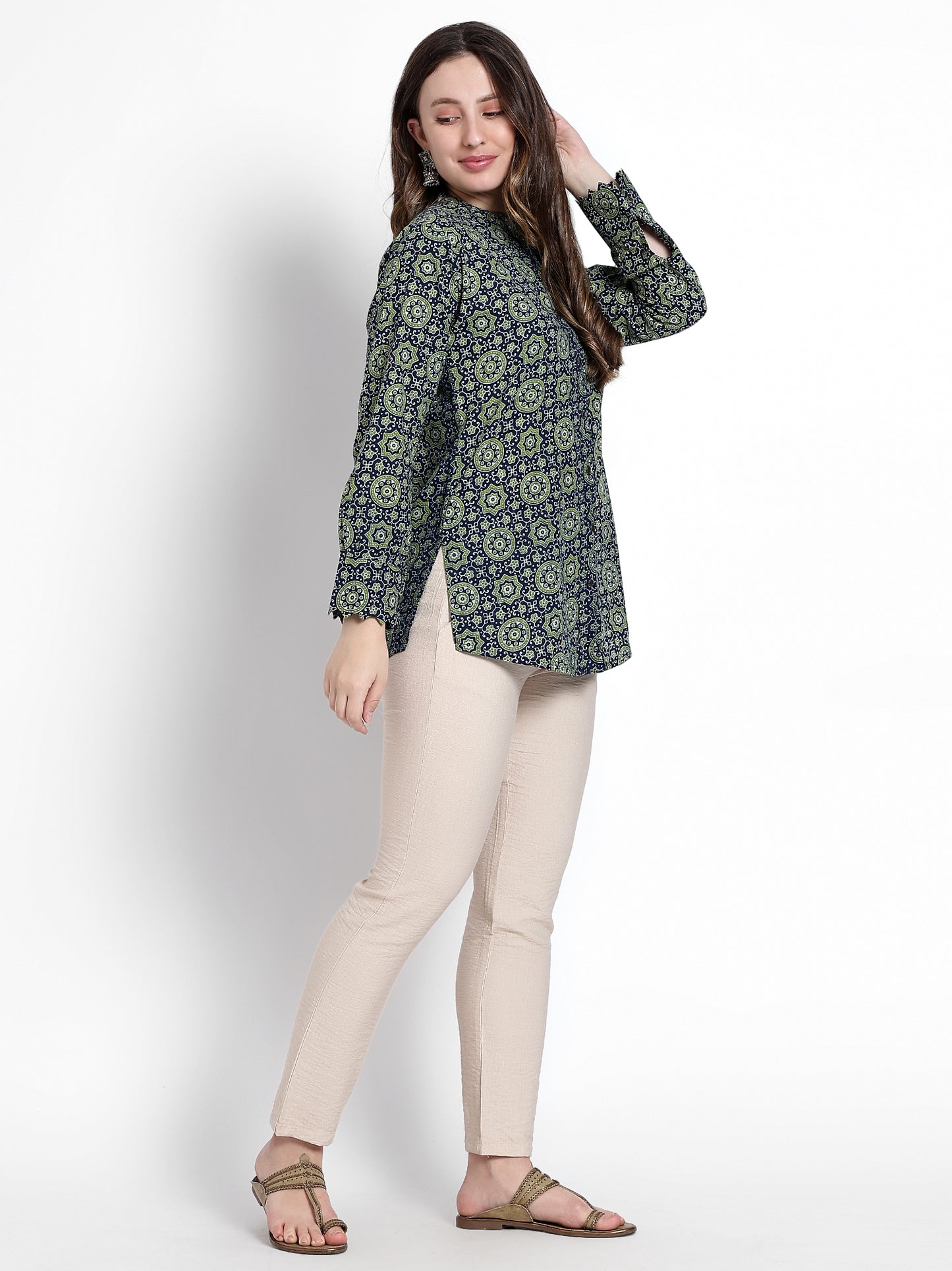 Green Printed Cotton Short Kurta