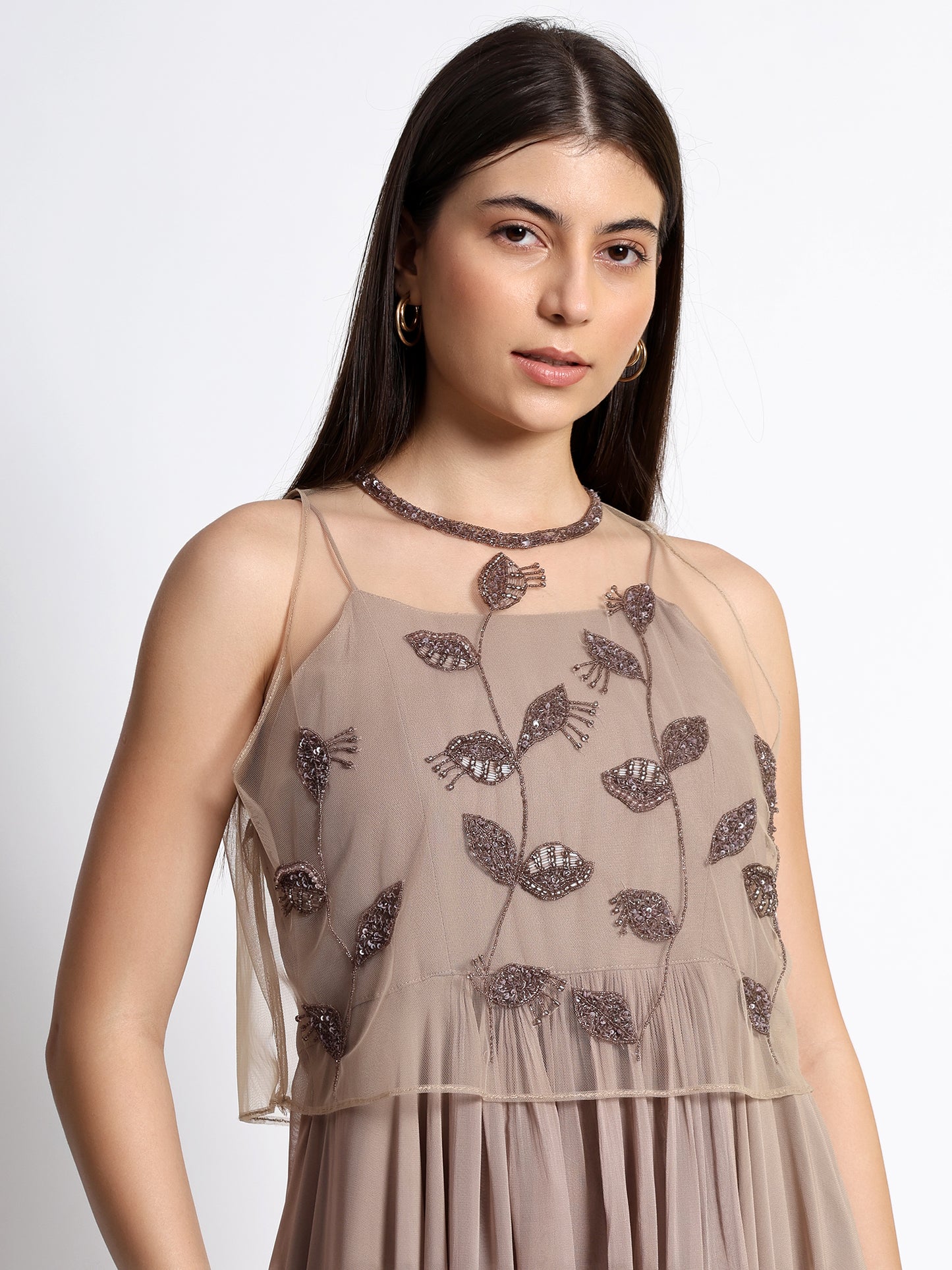 Beige Georgette Dress with Cape