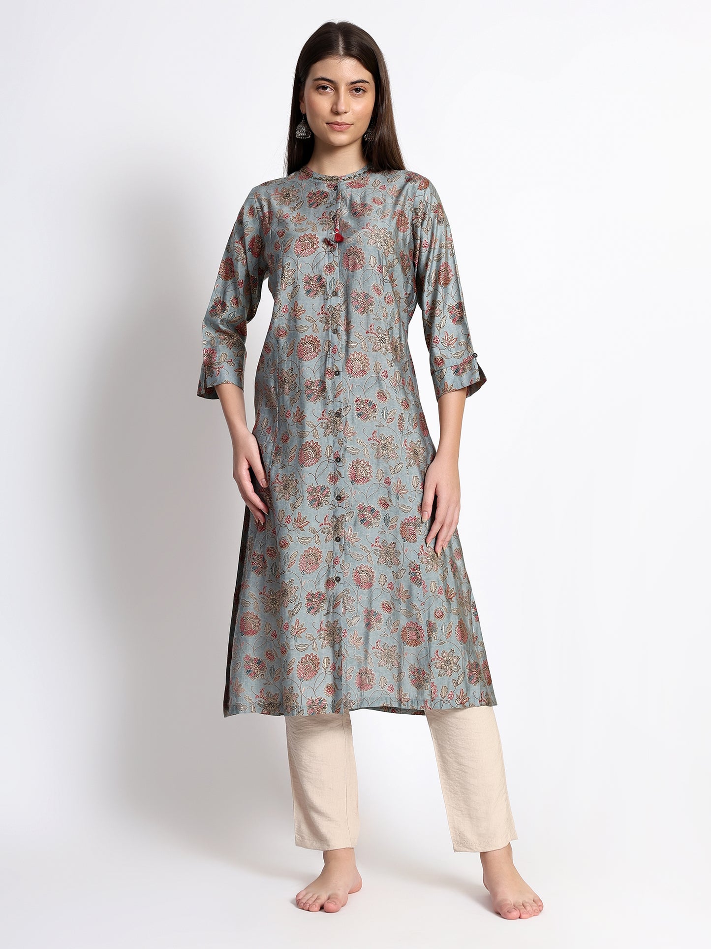 Dark Teal Cotton Printed Kurta
