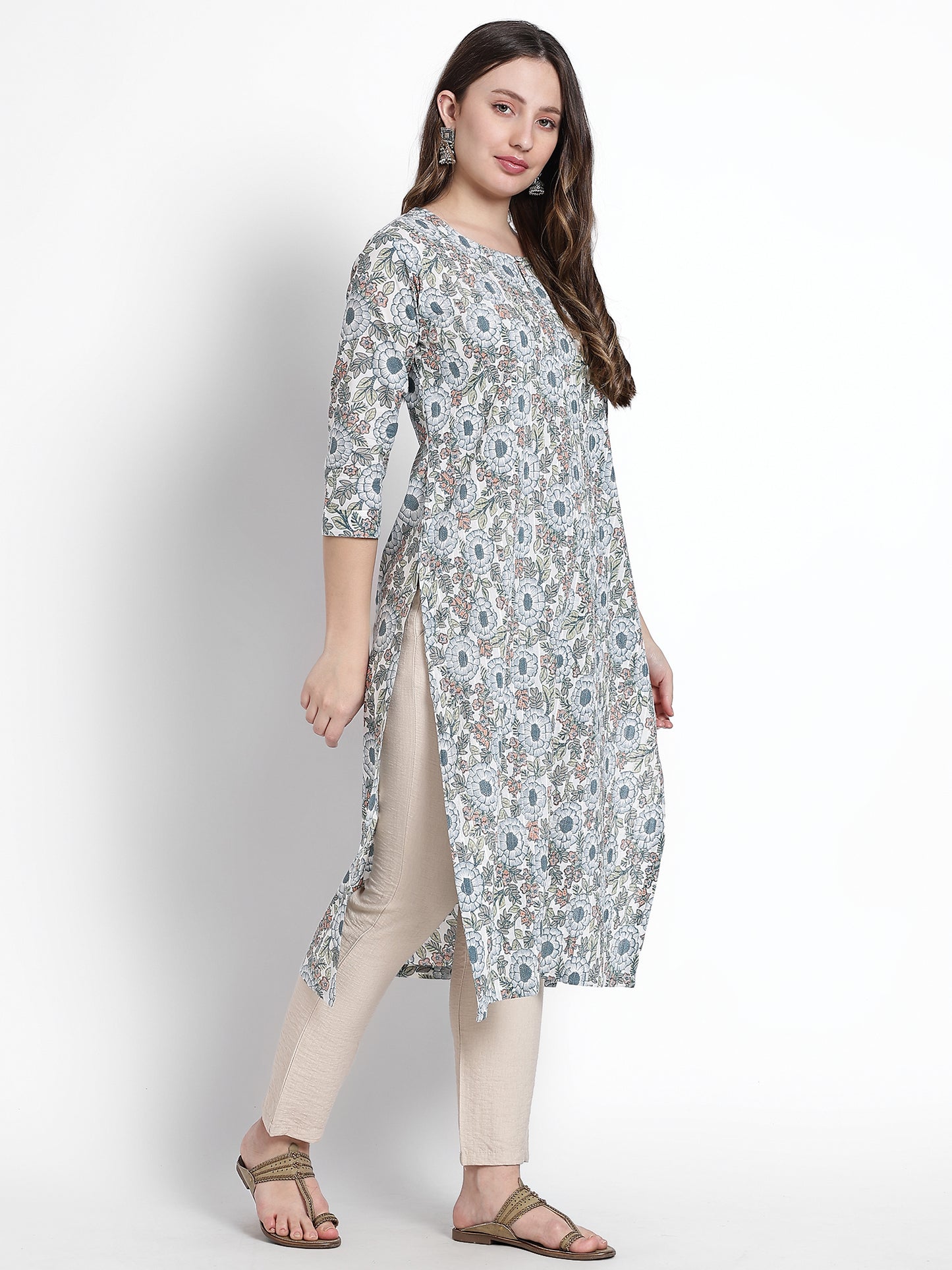 Blue Floral Printed Cotton Kurta