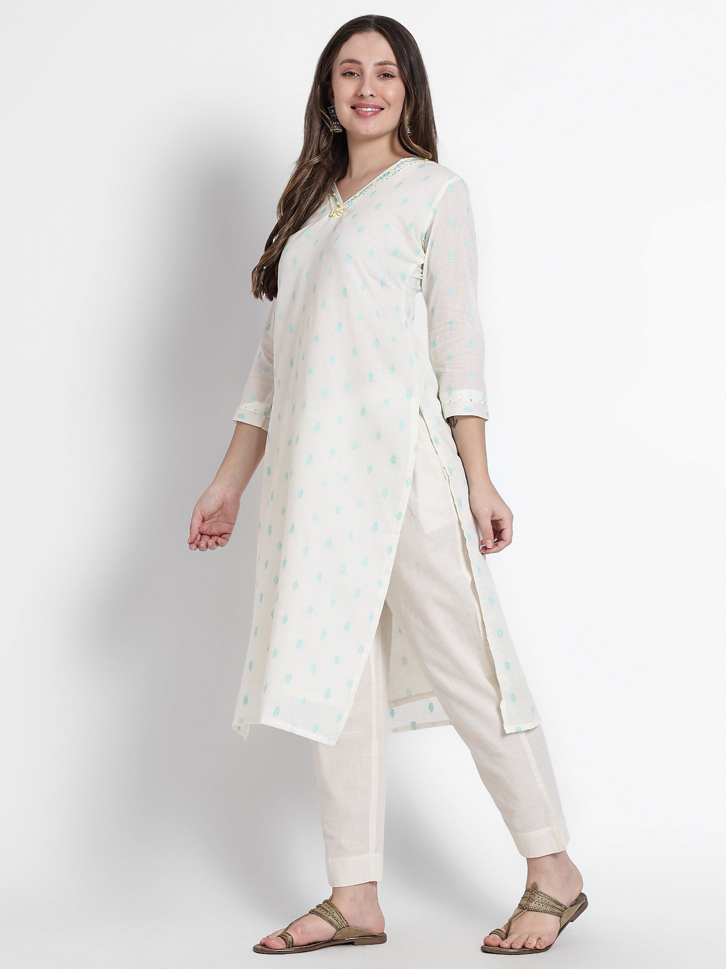 White Cotton Sky Blue Woven Kurta