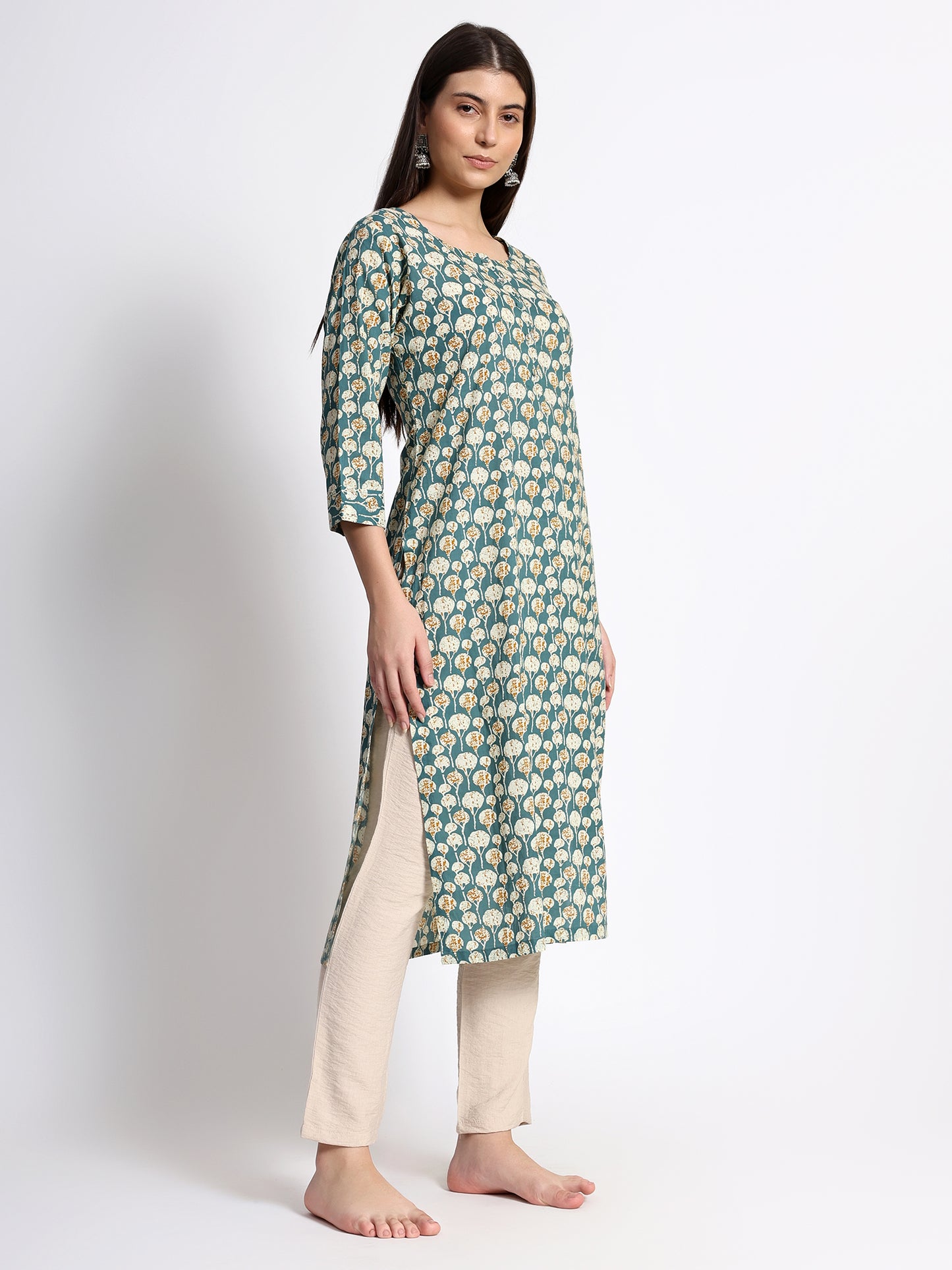 Teal Cotton Printed Kurta