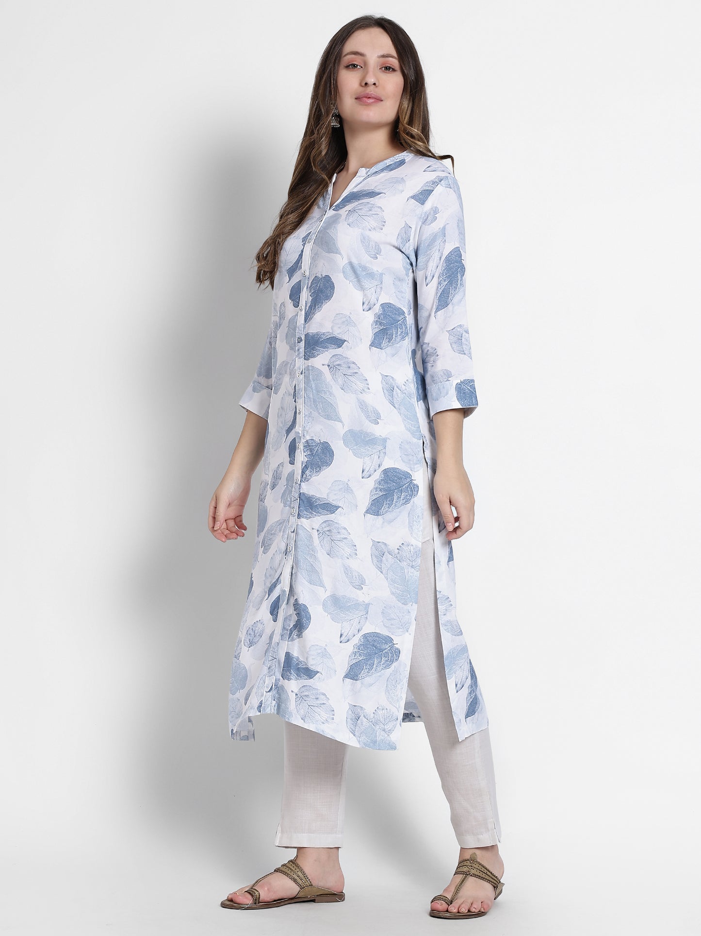White Cotton Blue Printed Kurta