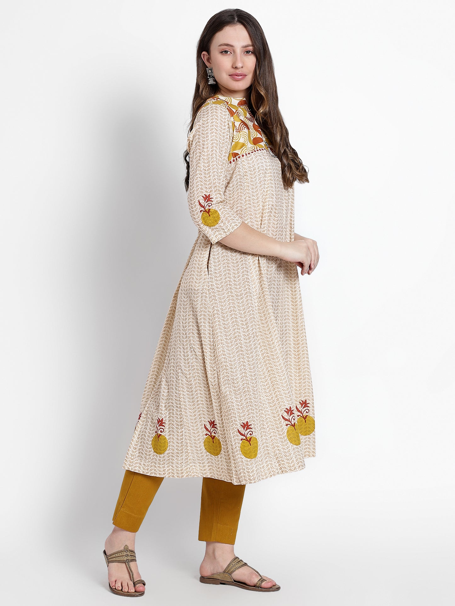 Mustard Cotton Printed Kurta Set