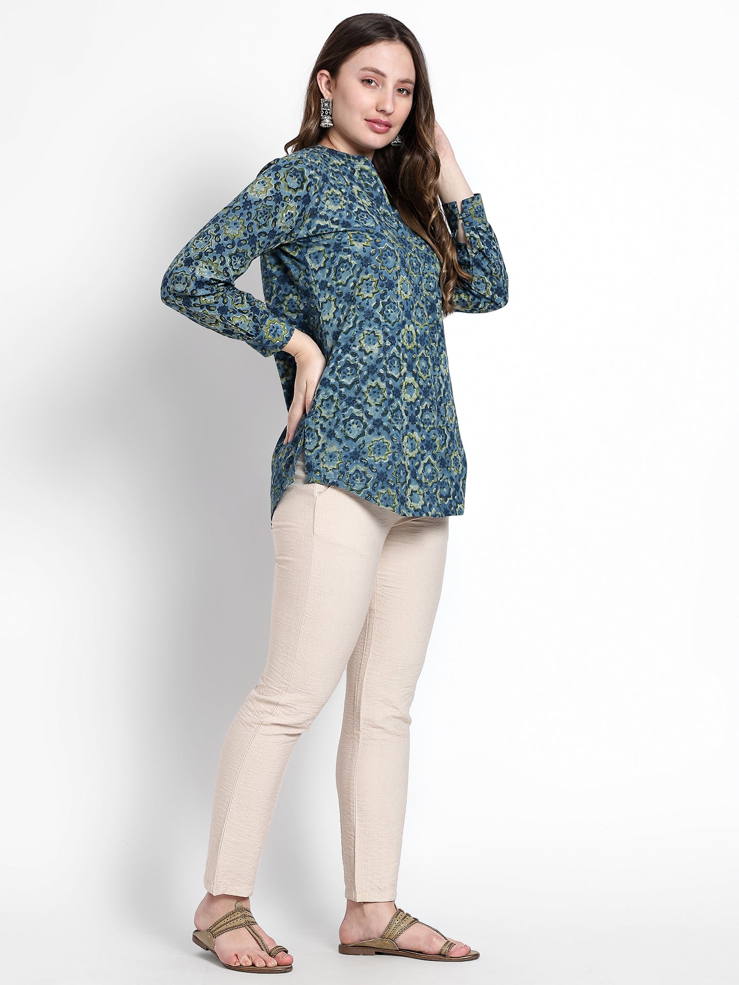 Blue Printed Cotton Short Kurta