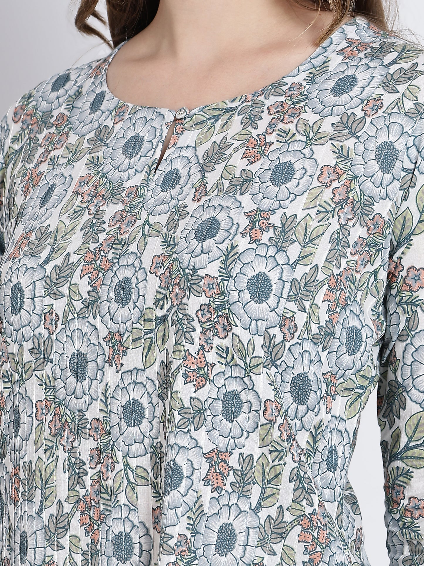 Blue Floral Printed Cotton Kurta