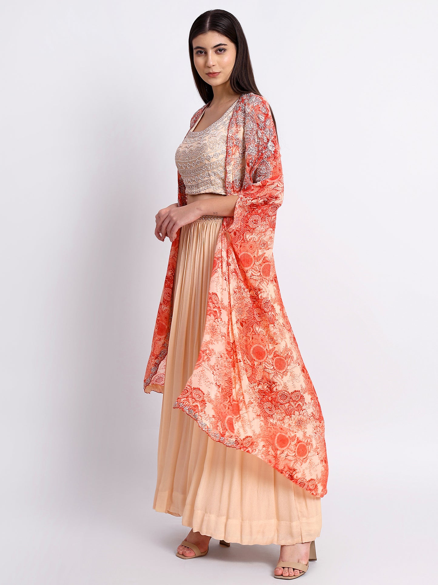 Peach Georgette Hand Embroidered Cape Set