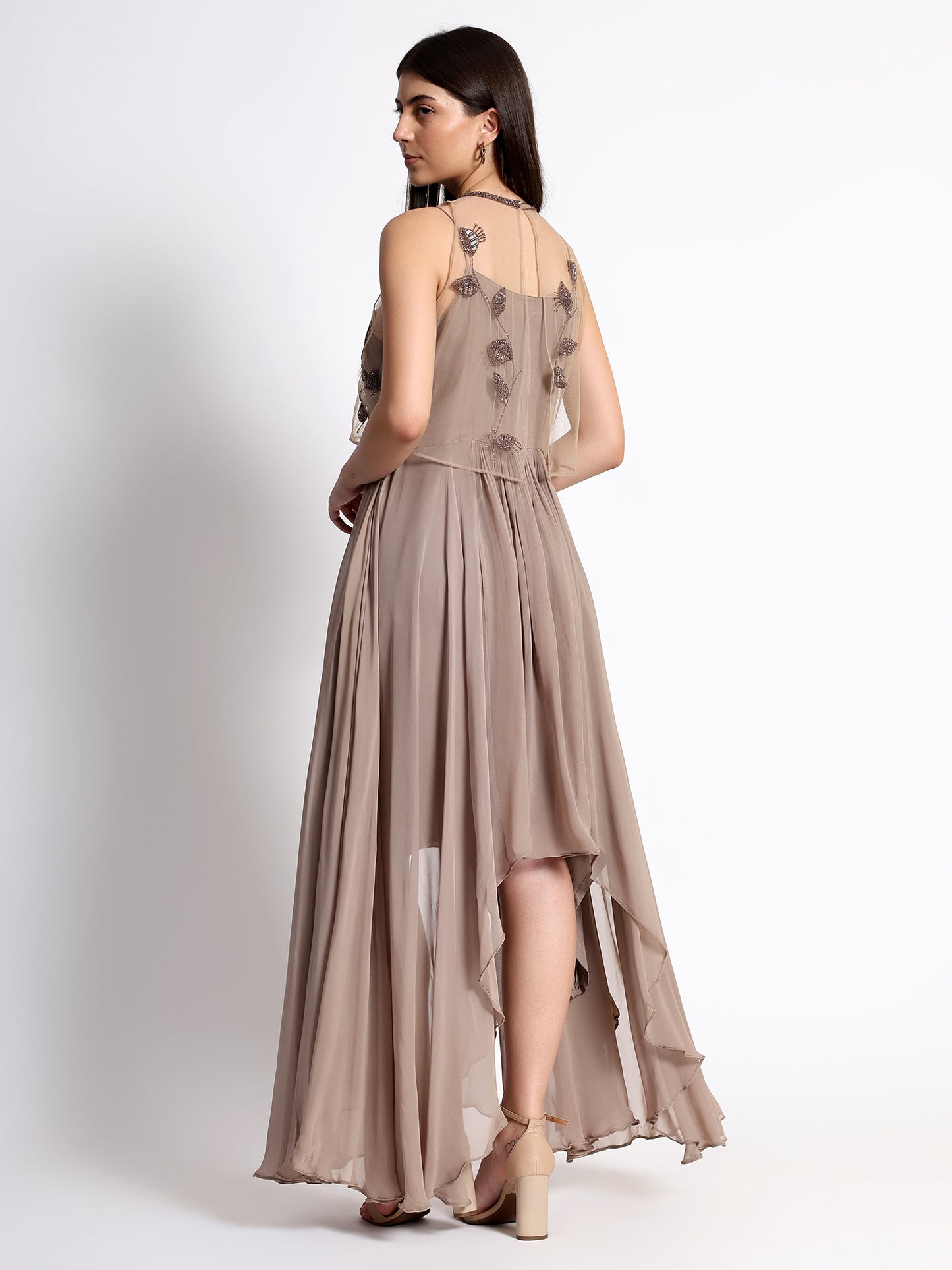 Beige Georgette Dress with Cape