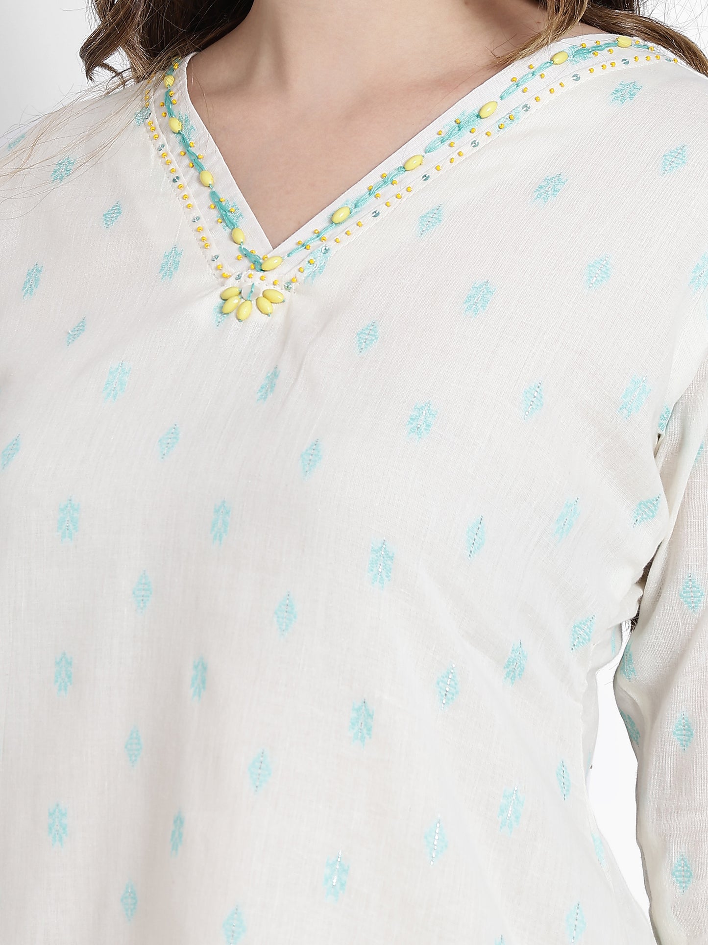 White Cotton Sky Blue Woven Kurta