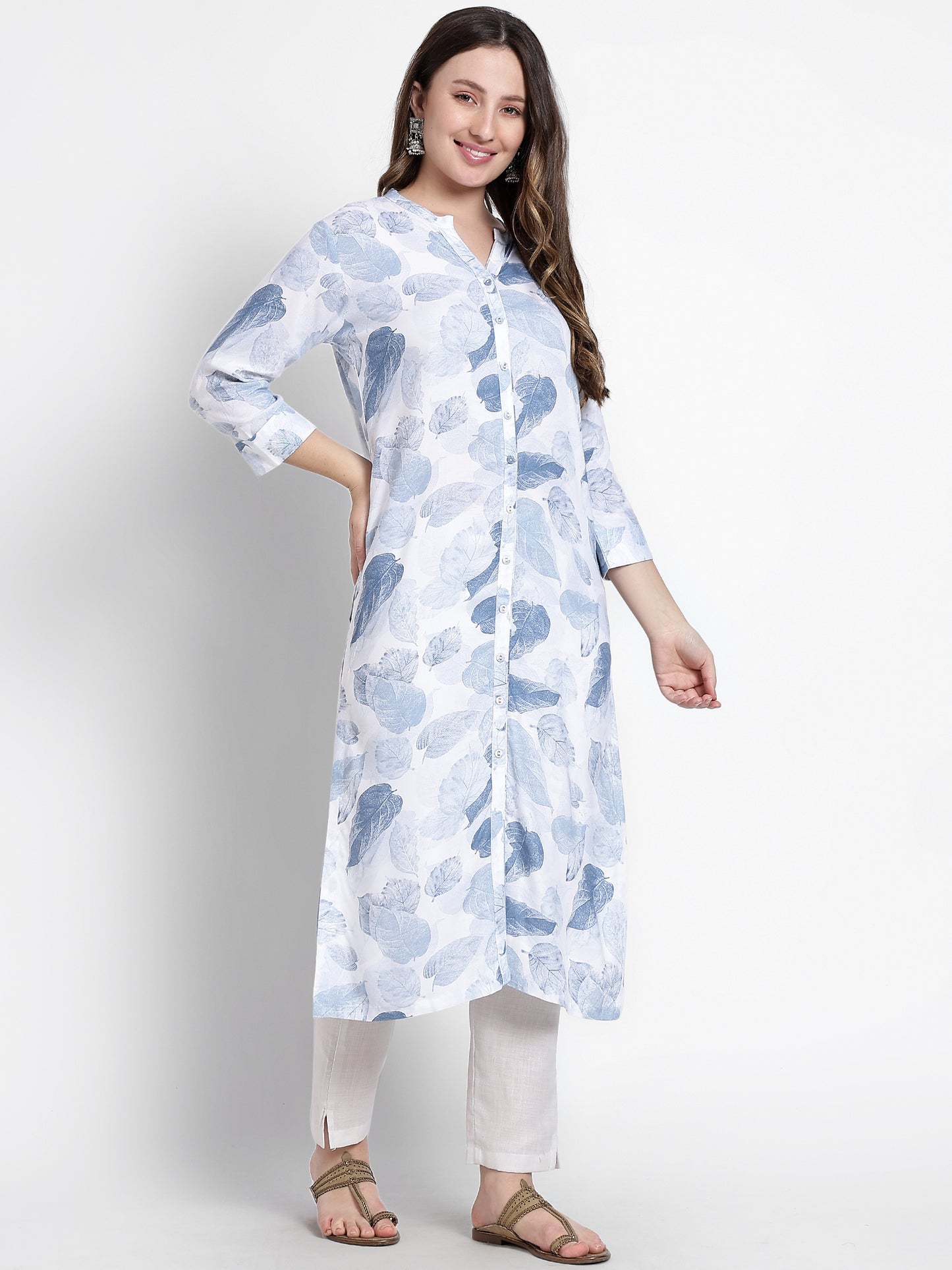 White Cotton Blue Printed Kurta