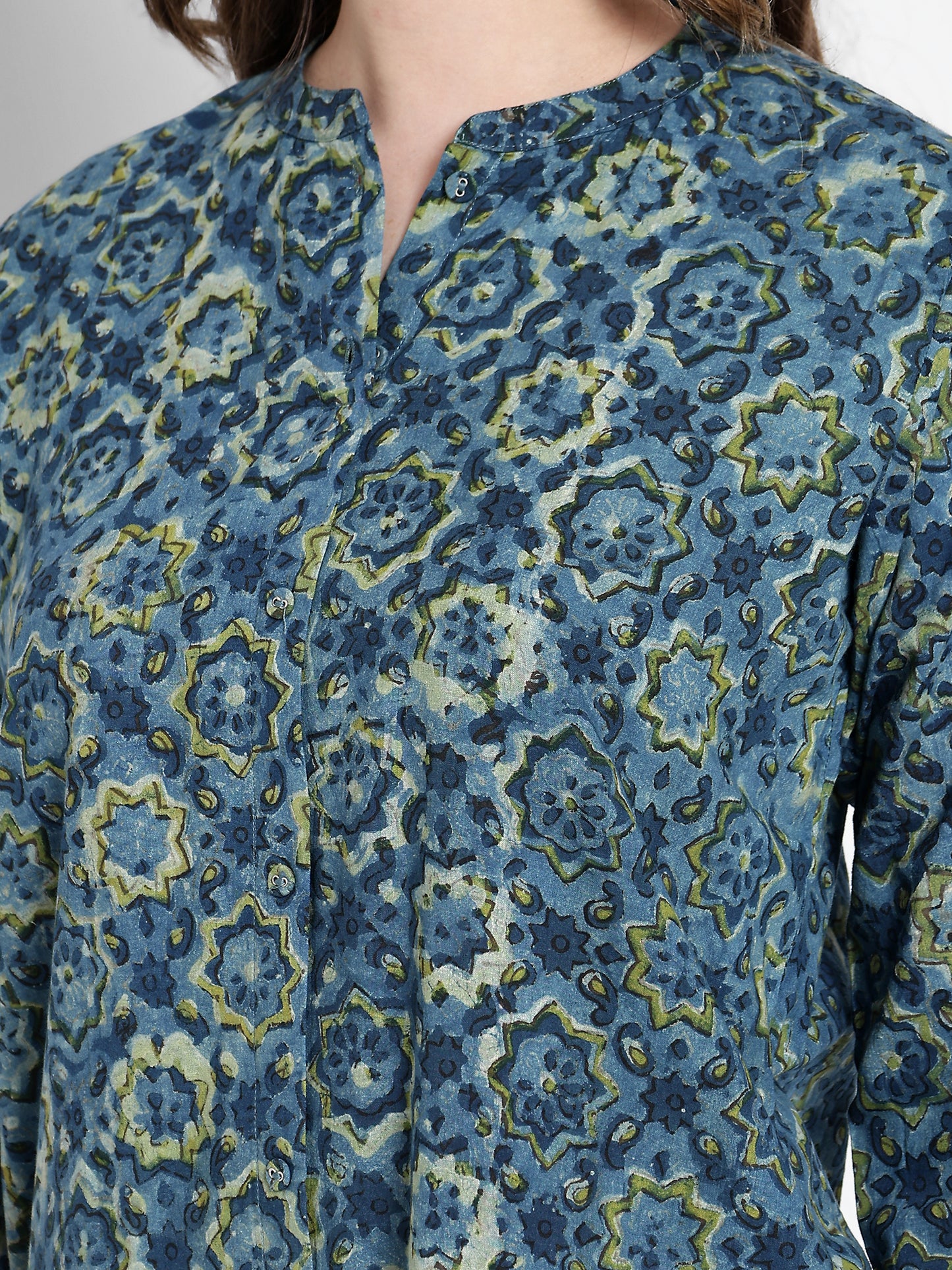Blue Printed Cotton Short Kurta