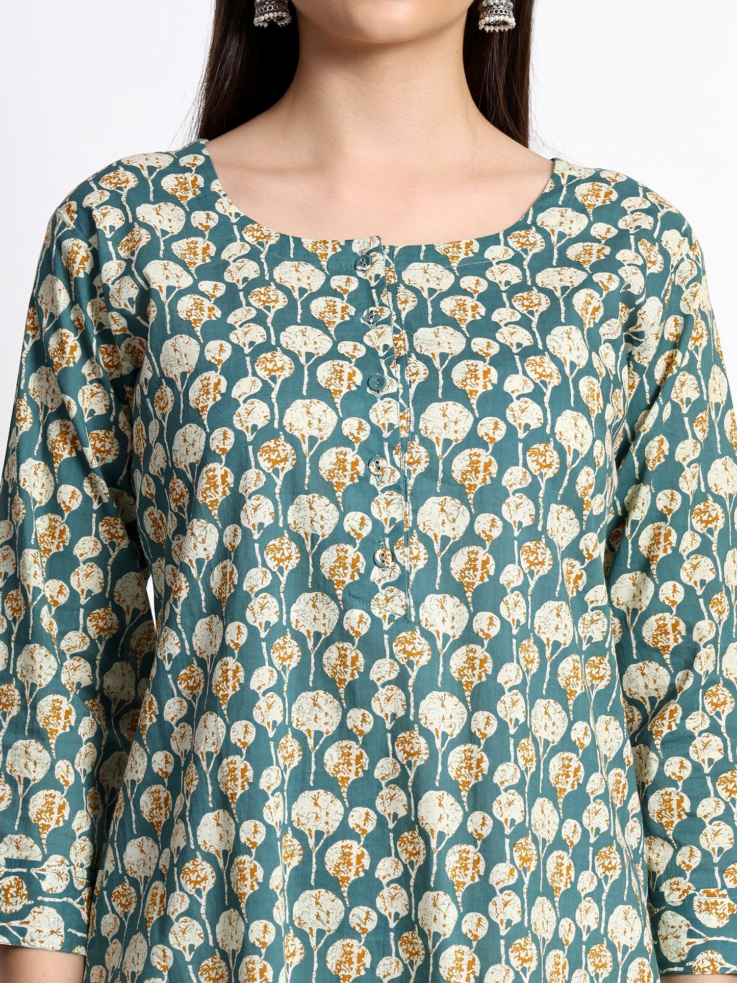 Teal Cotton Printed Kurta