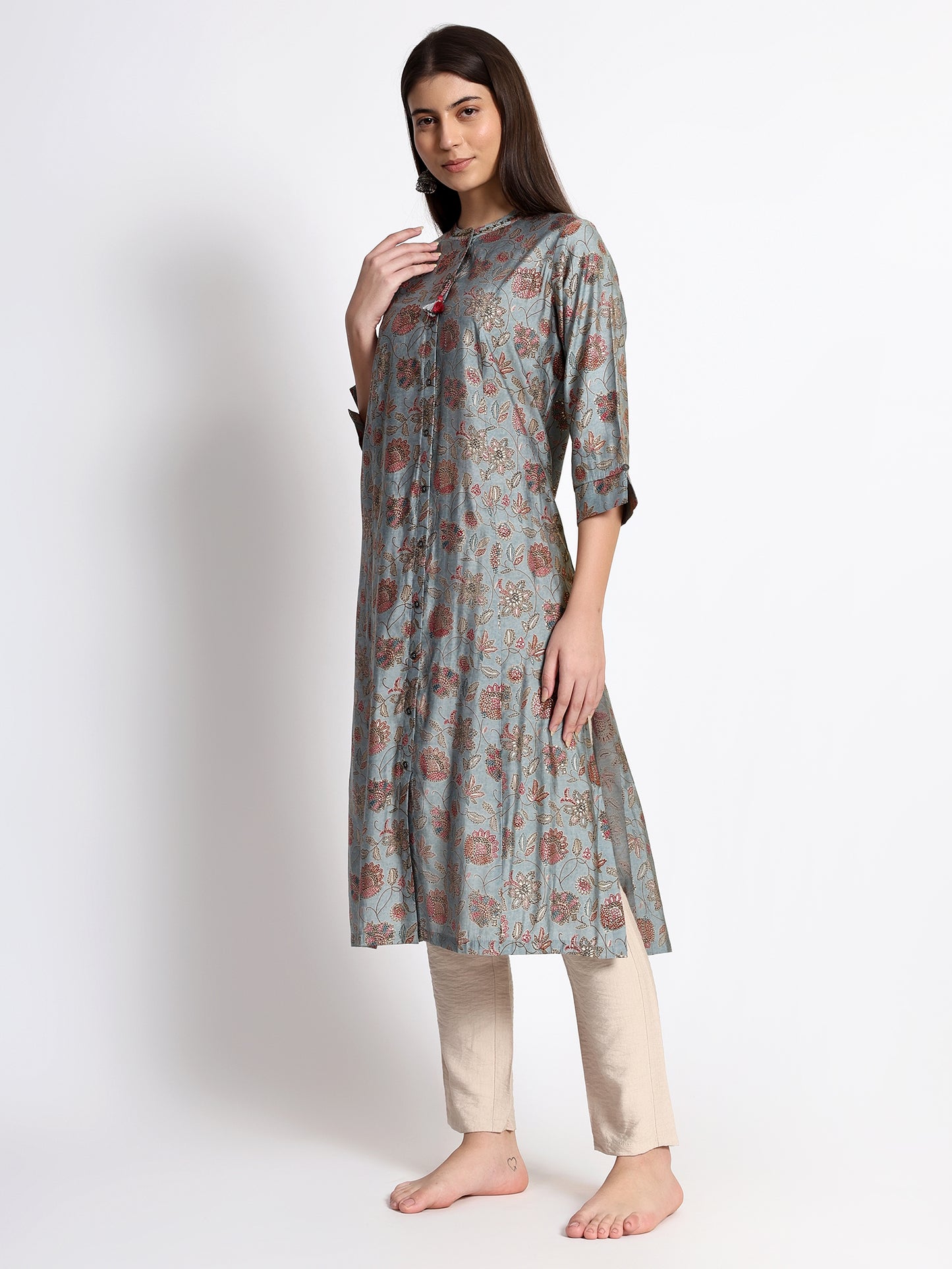 Dark Teal Cotton Printed Kurta