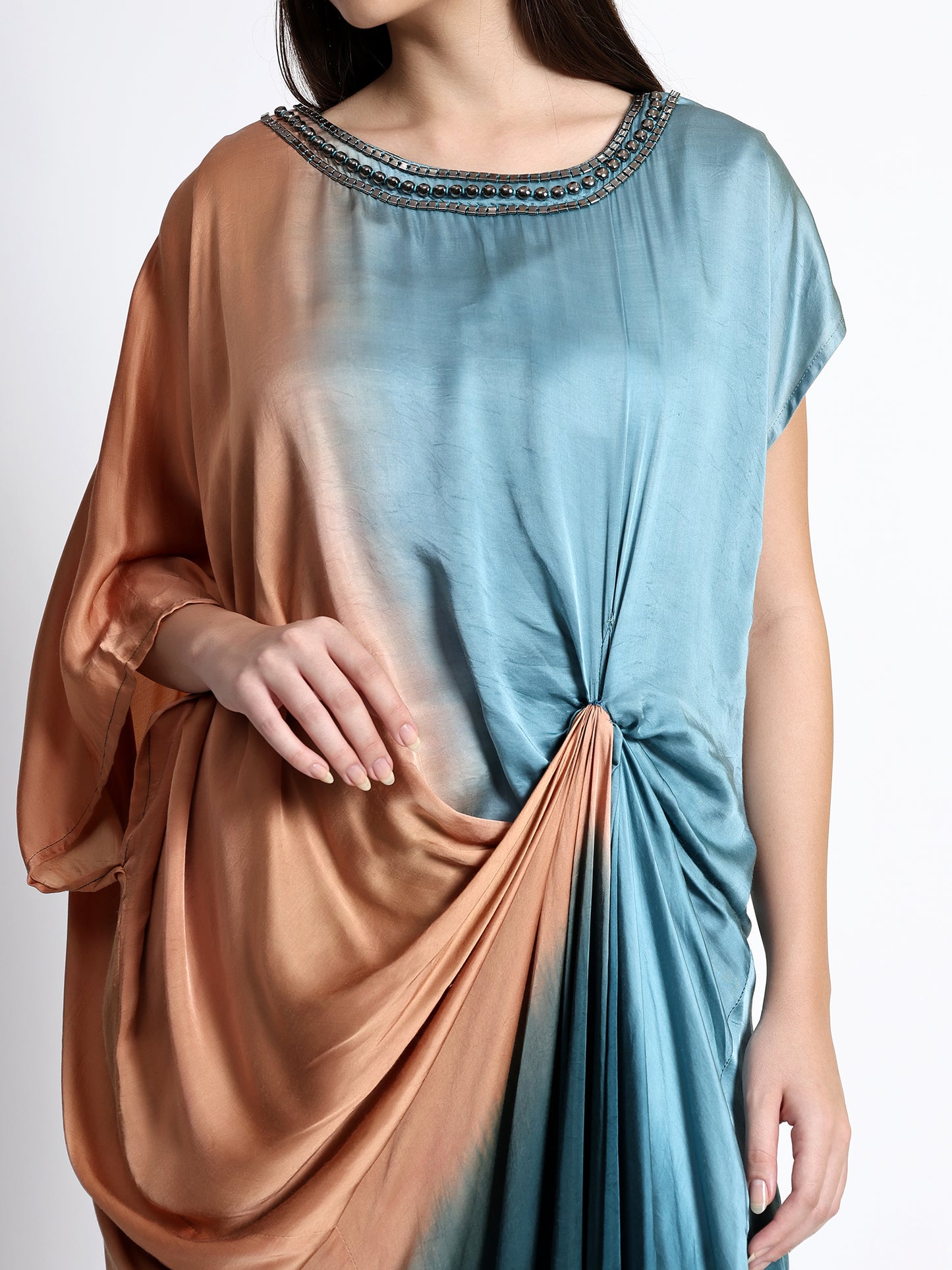 Turquoise Knotted Satin Kaftan with Teal Pants