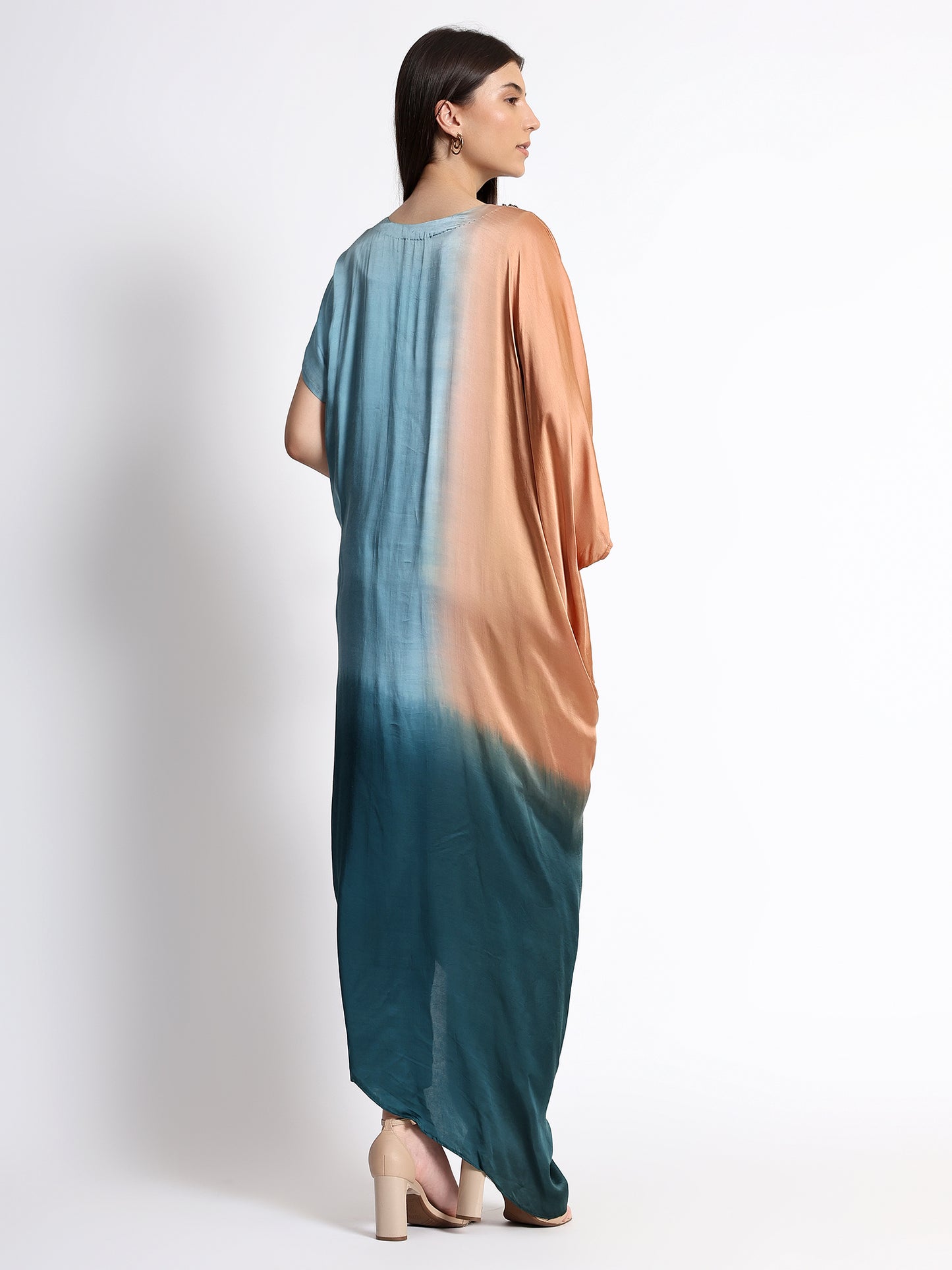 Turquoise Knotted Satin Kaftan with Teal Pants