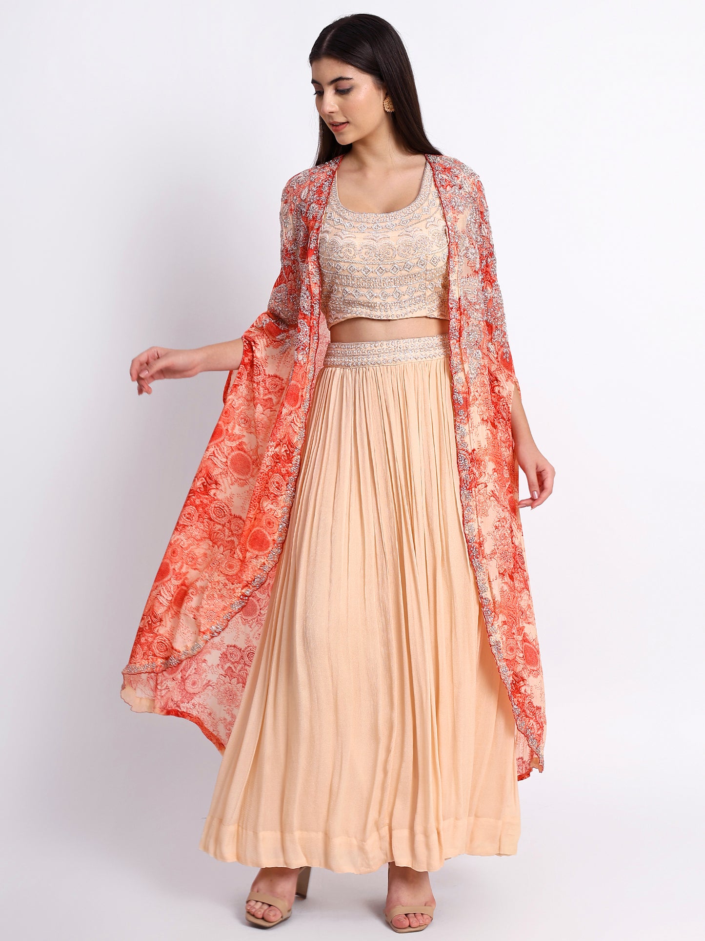 Peach Georgette Hand Embroidered Cape Set