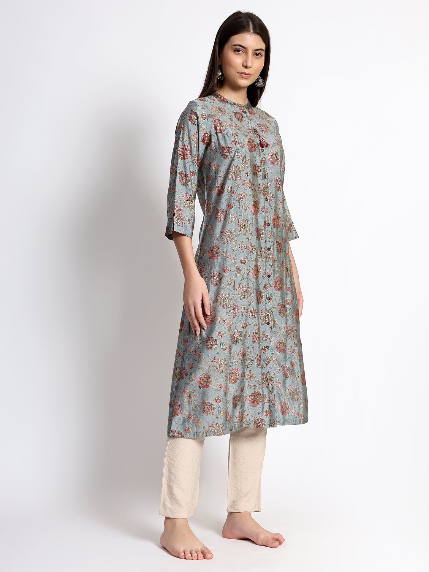 Dark Teal Cotton Printed Kurta