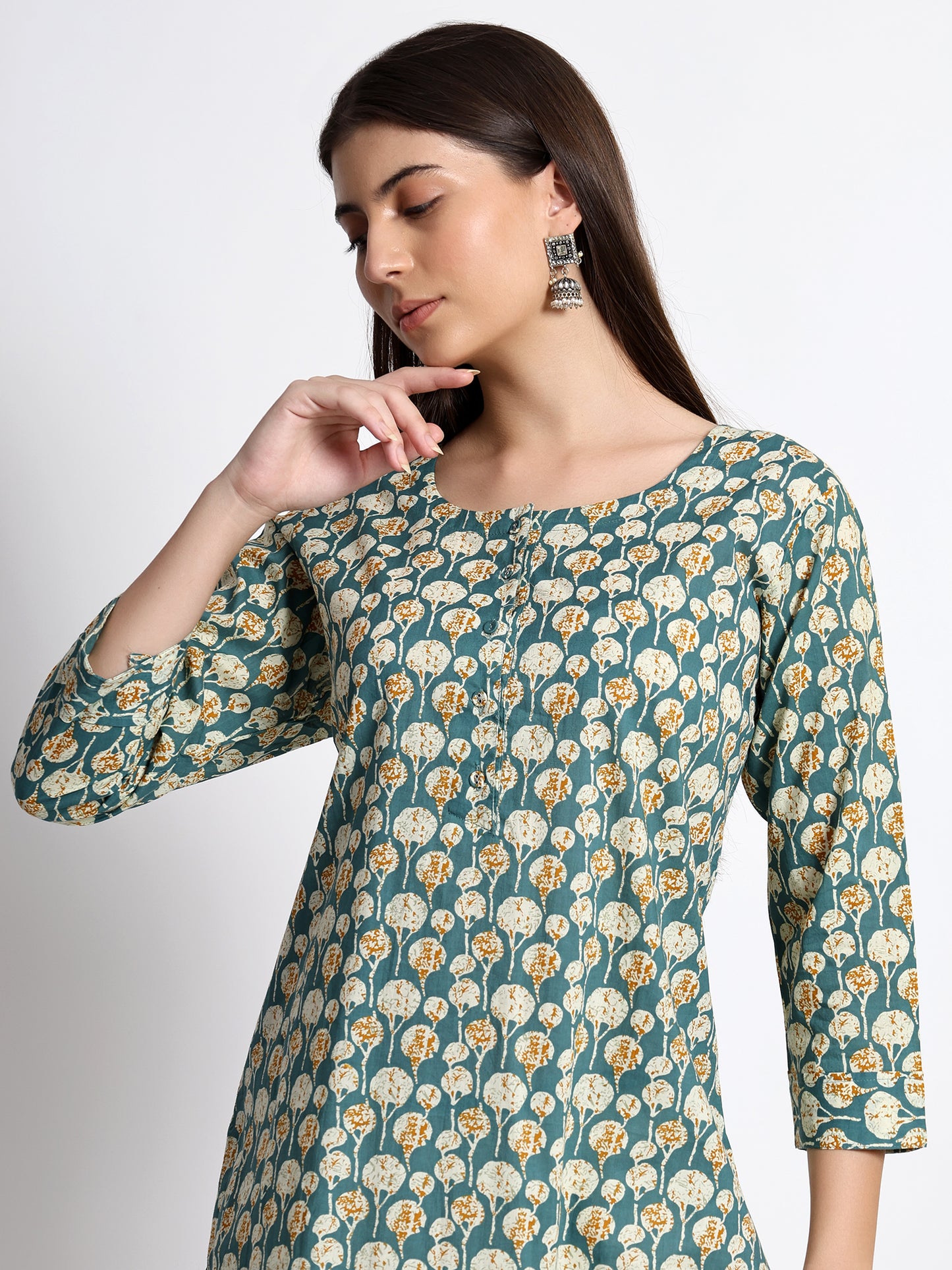 Teal Cotton Printed Kurta