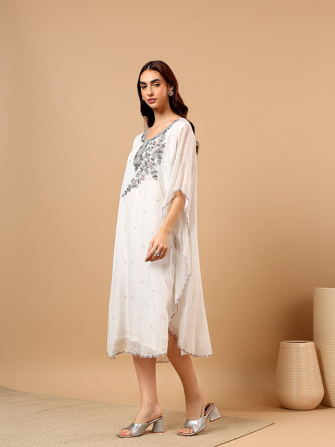 White Georgette Hand Embroidered Kaftan