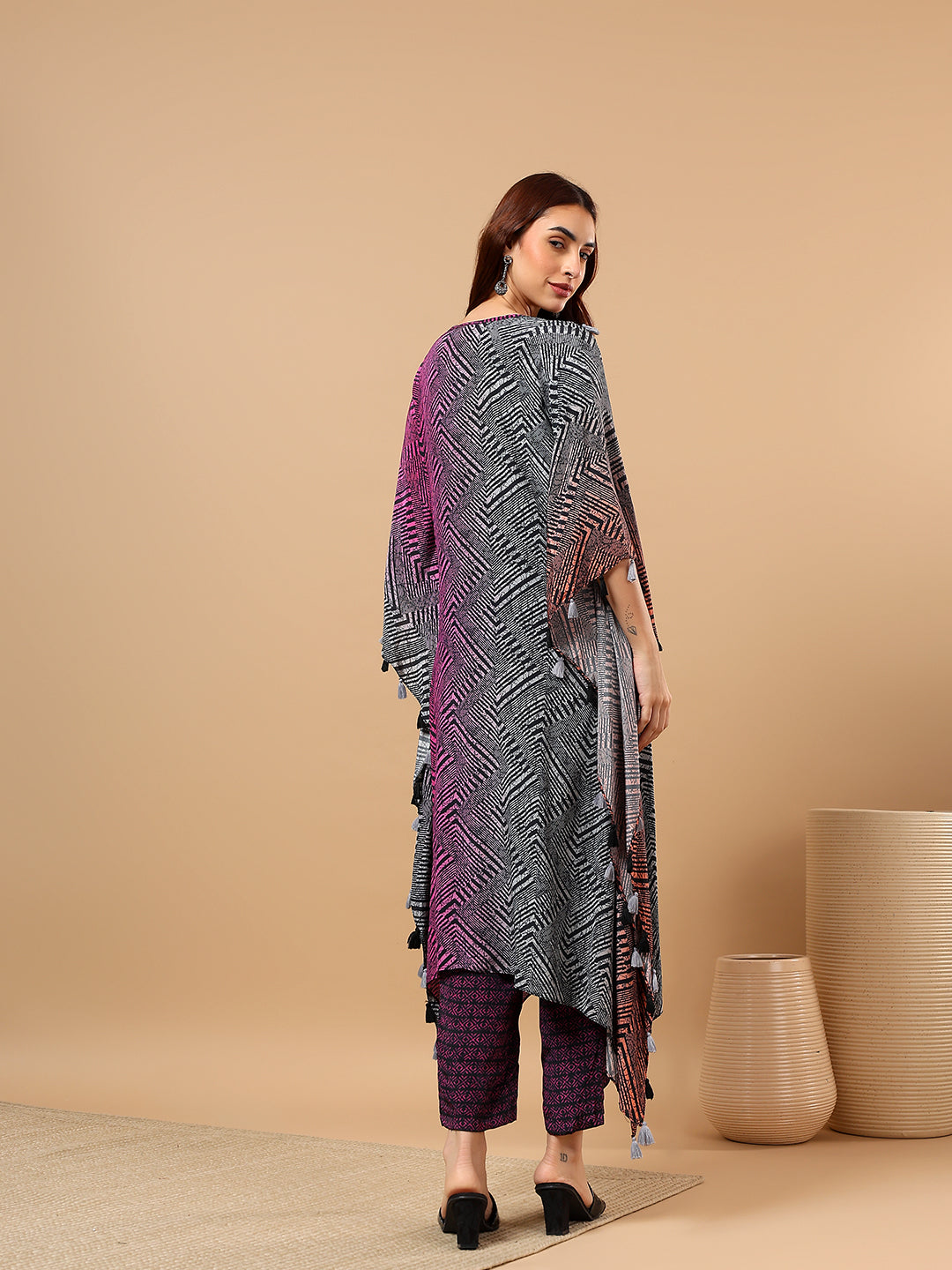 Grey Chinon Printed Kaftan Cord Set