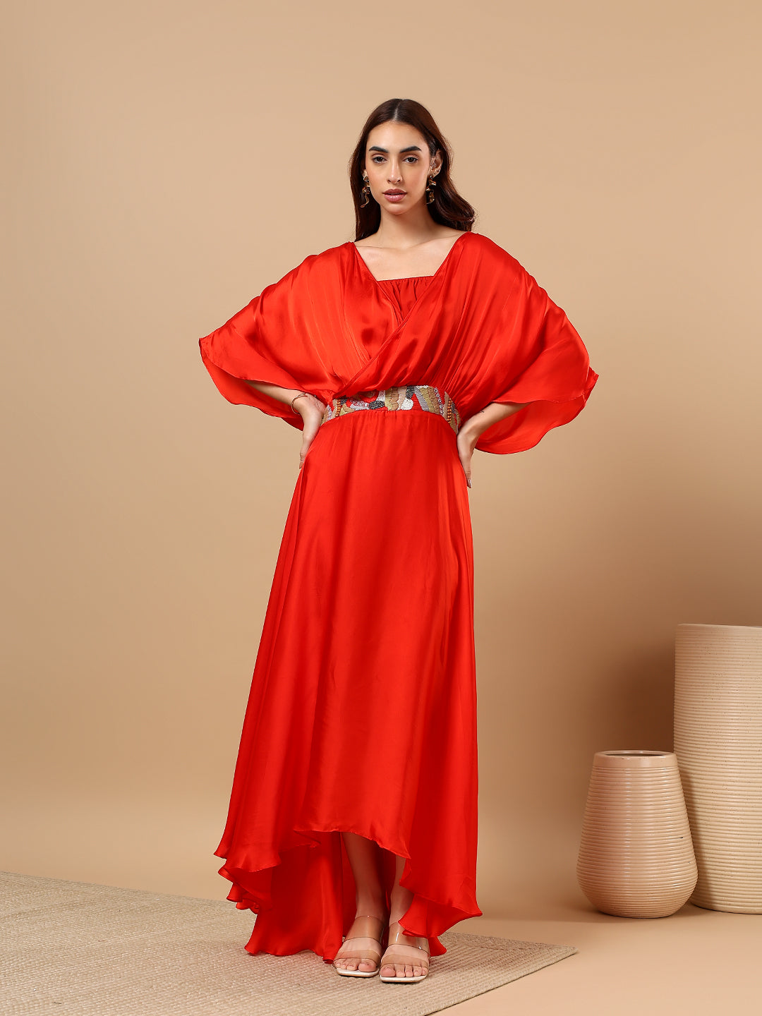 Orange Satin Cowl Dress