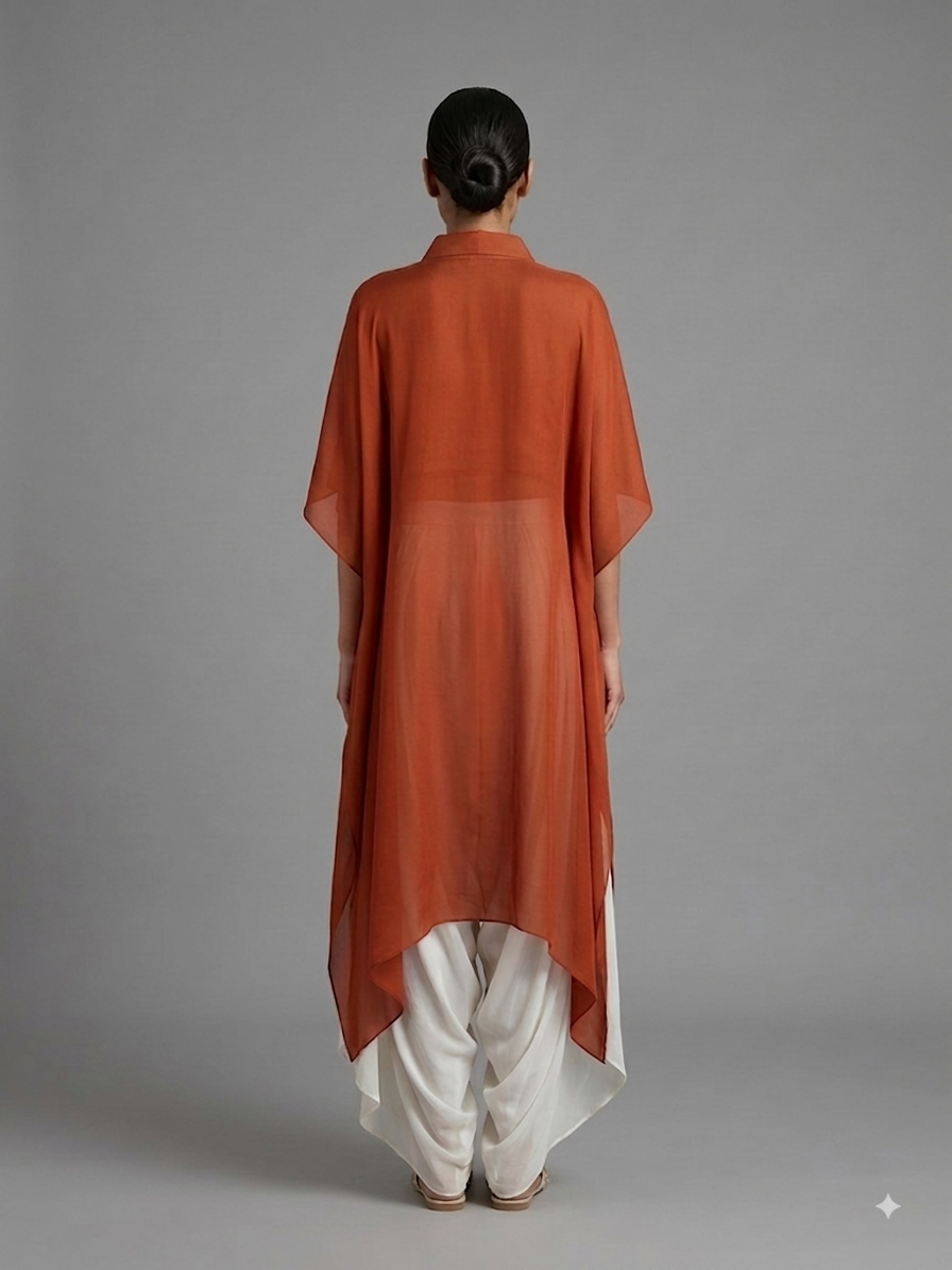 Rust Satin Hand Embroidered Kimono with Ivory Dhoti
