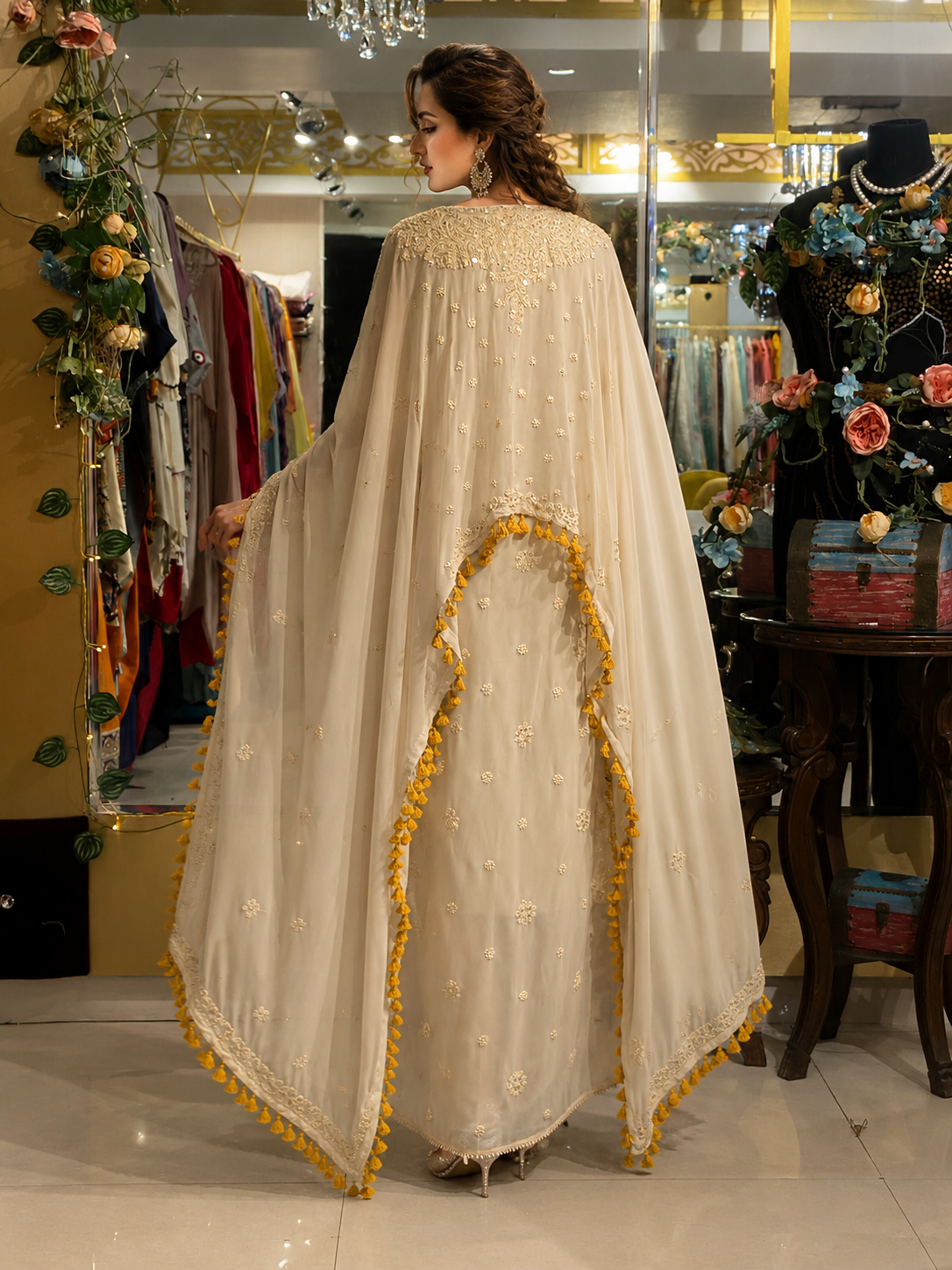 Off-White Georgette Cape Set with Cowl Drape Skirt
