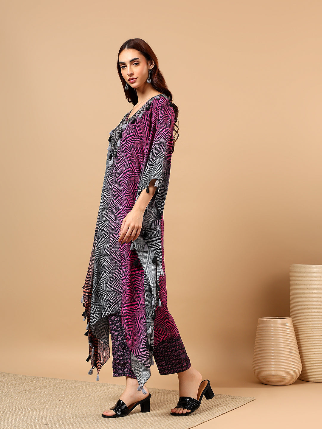 Grey Chinon Printed Kaftan Cord Set