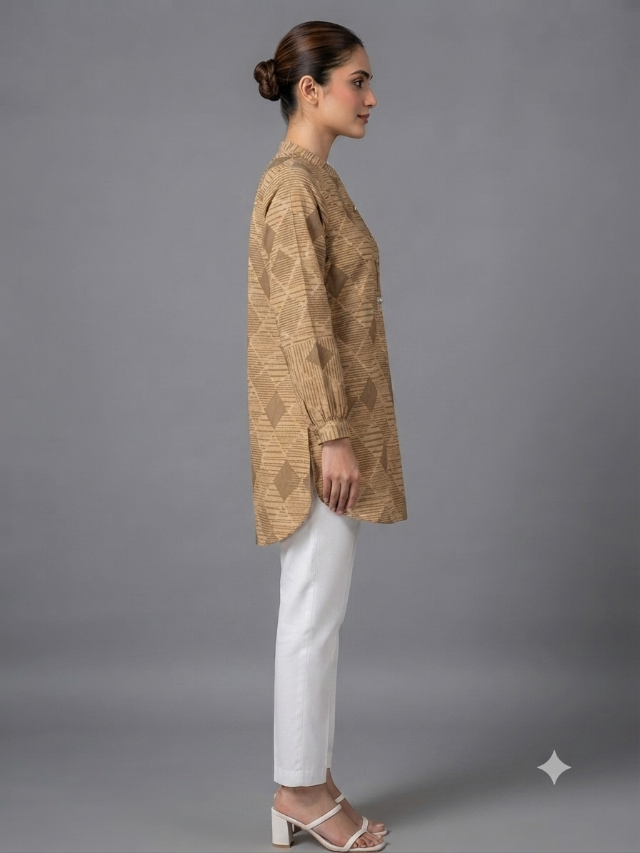 Beige Cotton Geometric Printed Shirt