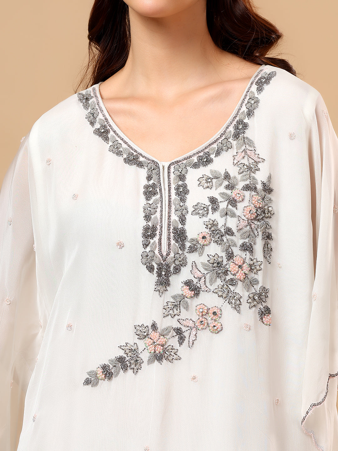 White Georgette Hand Embroidered Kaftan
