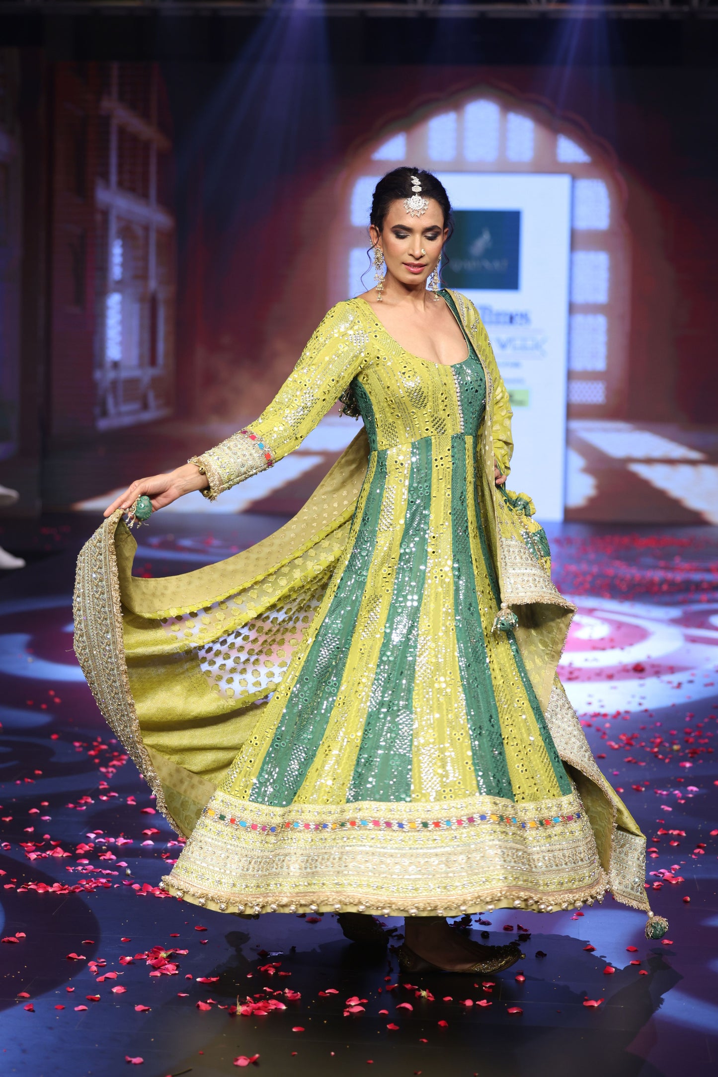 Ghungroo Lime & Green Hand Embroidered Mirror Work Silk Anarkali Set