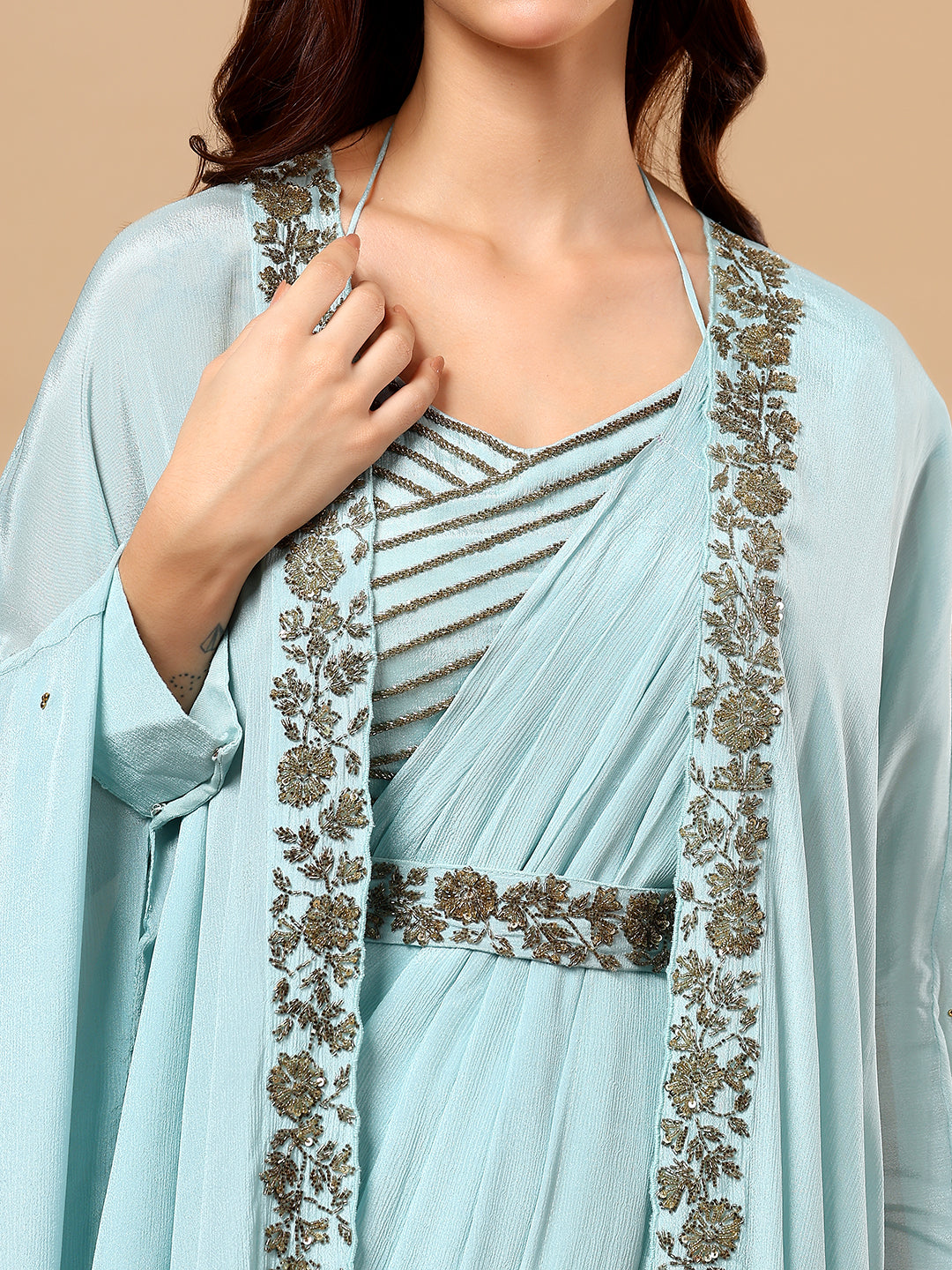 Sky Blue Chinon Hand Embellished Draped Saree with Cape