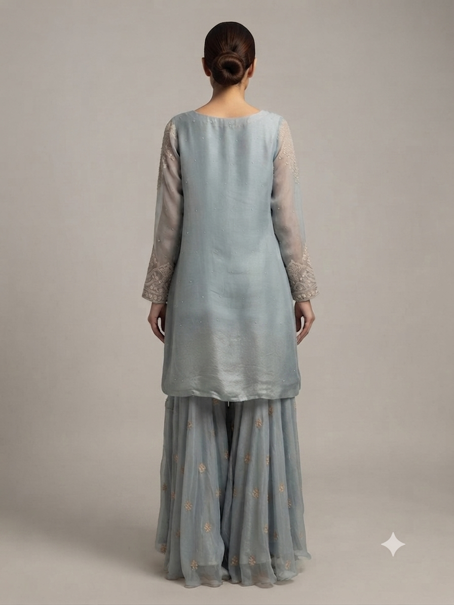 Grey Chinon Cut Dana Embroidered Kurta with Dupatta and Flared Pants
