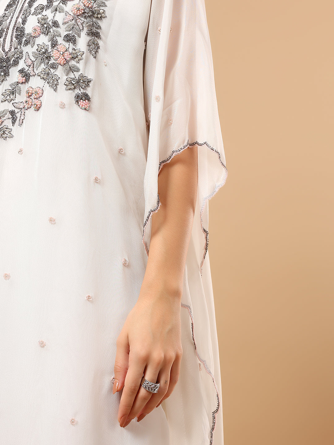 White Georgette Hand Embroidered Kaftan