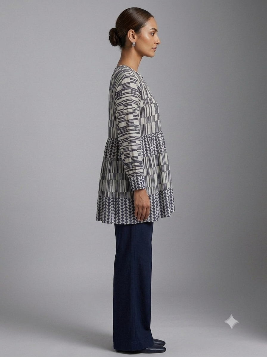 White & Blue Geometric Print Cotton Shirt