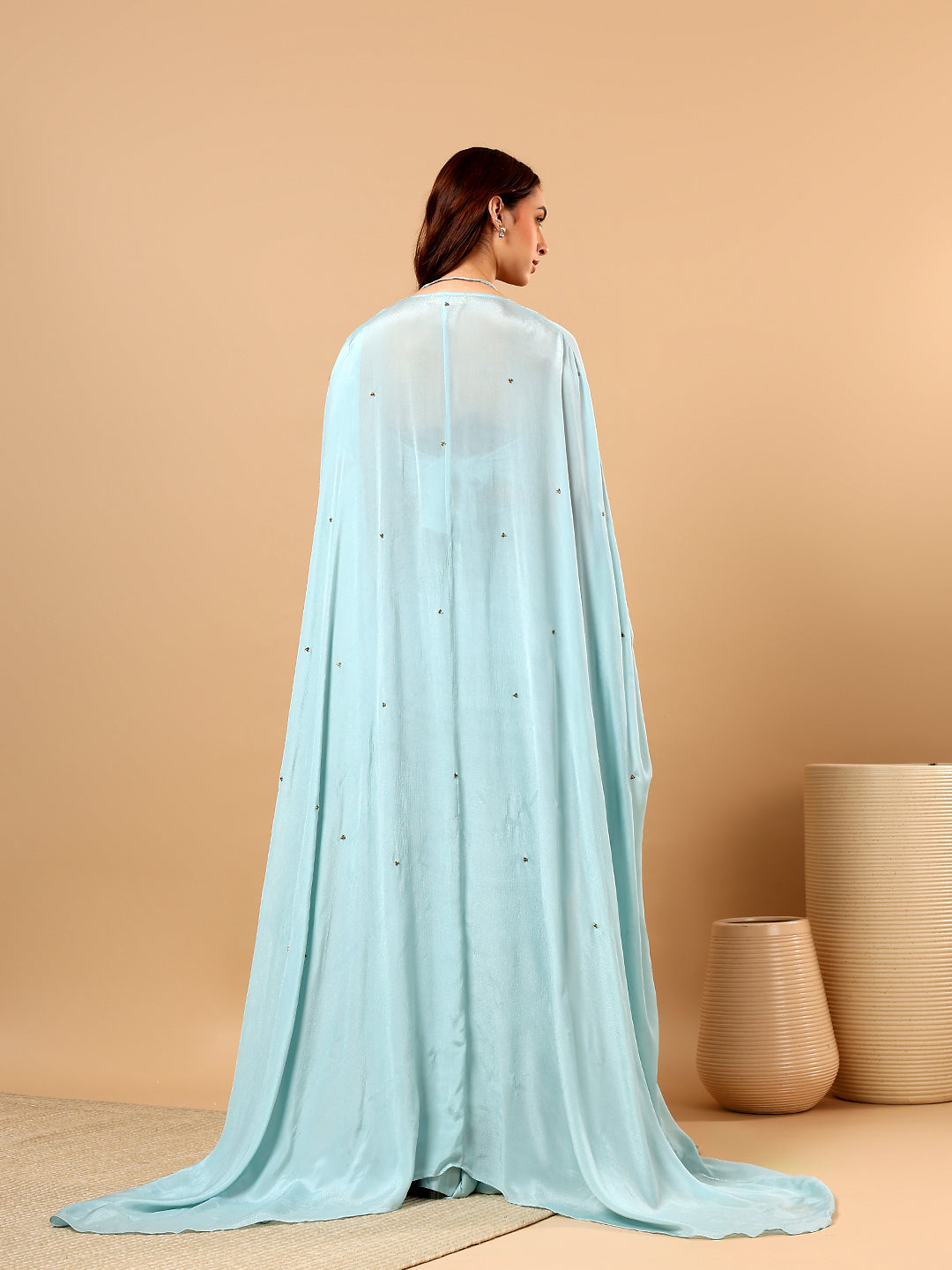 Sky Blue Chinon Hand Embellished Draped Saree with Cape