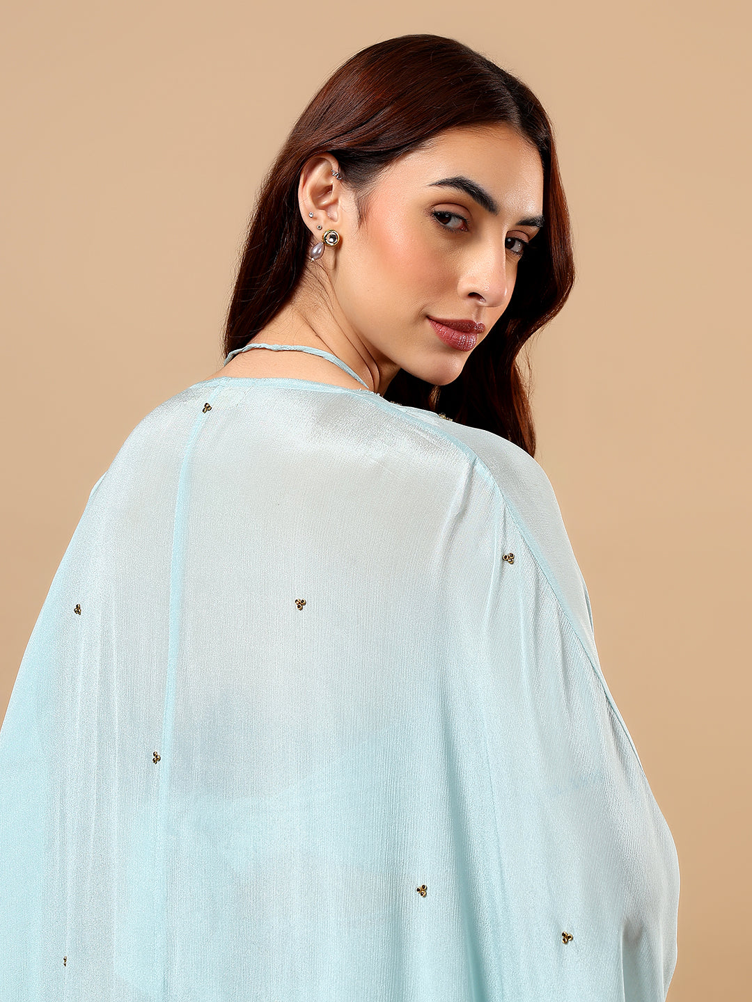 Sky Blue Chinon Hand Embellished Draped Saree with Cape