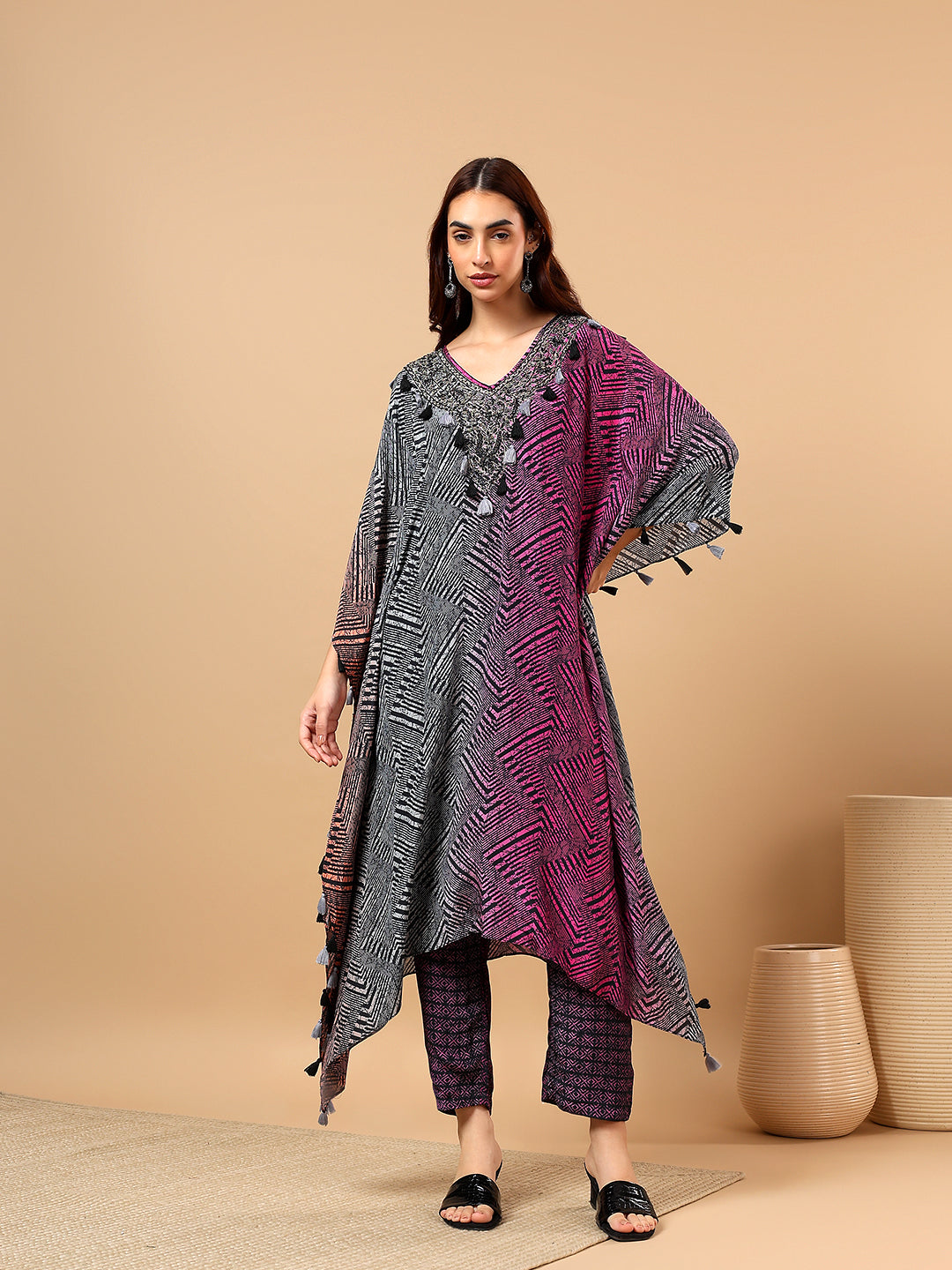 Grey Chinon Printed Kaftan Cord Set