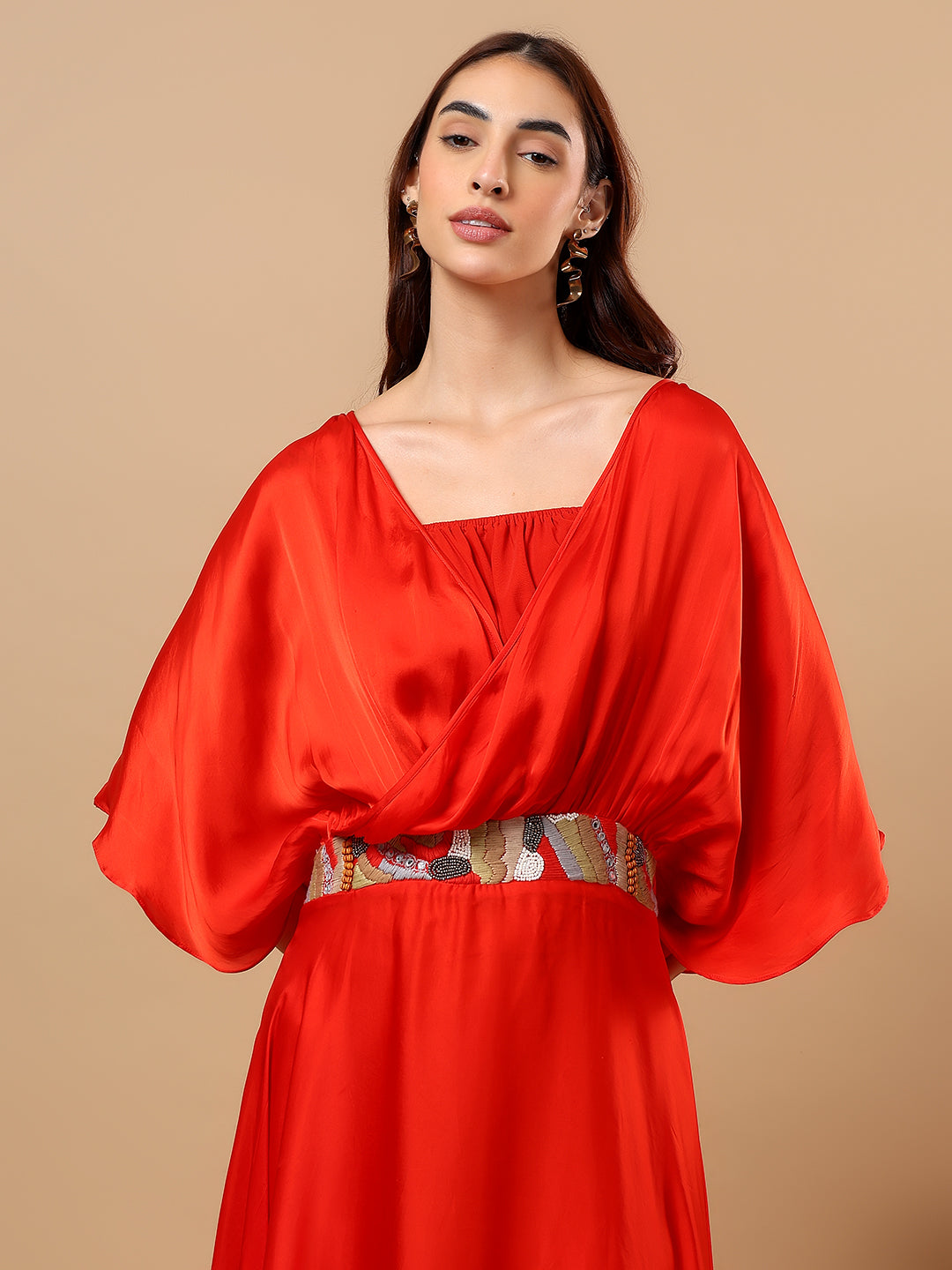 Orange Satin Cowl Dress