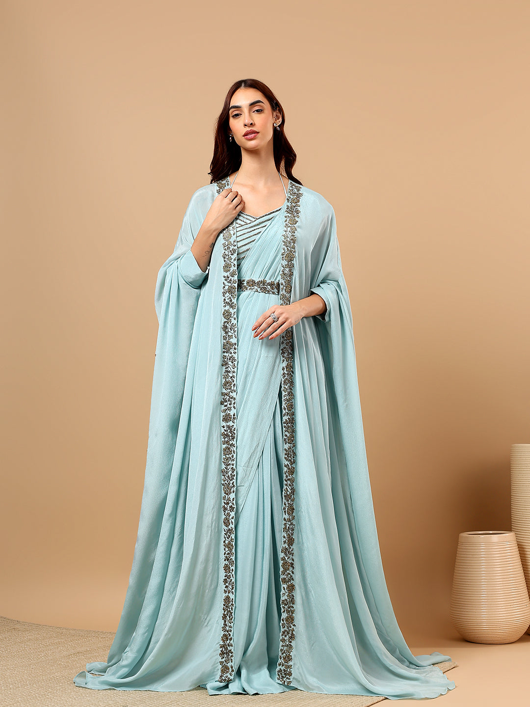 Sky Blue Chinon Hand Embellished Draped Saree with Cape