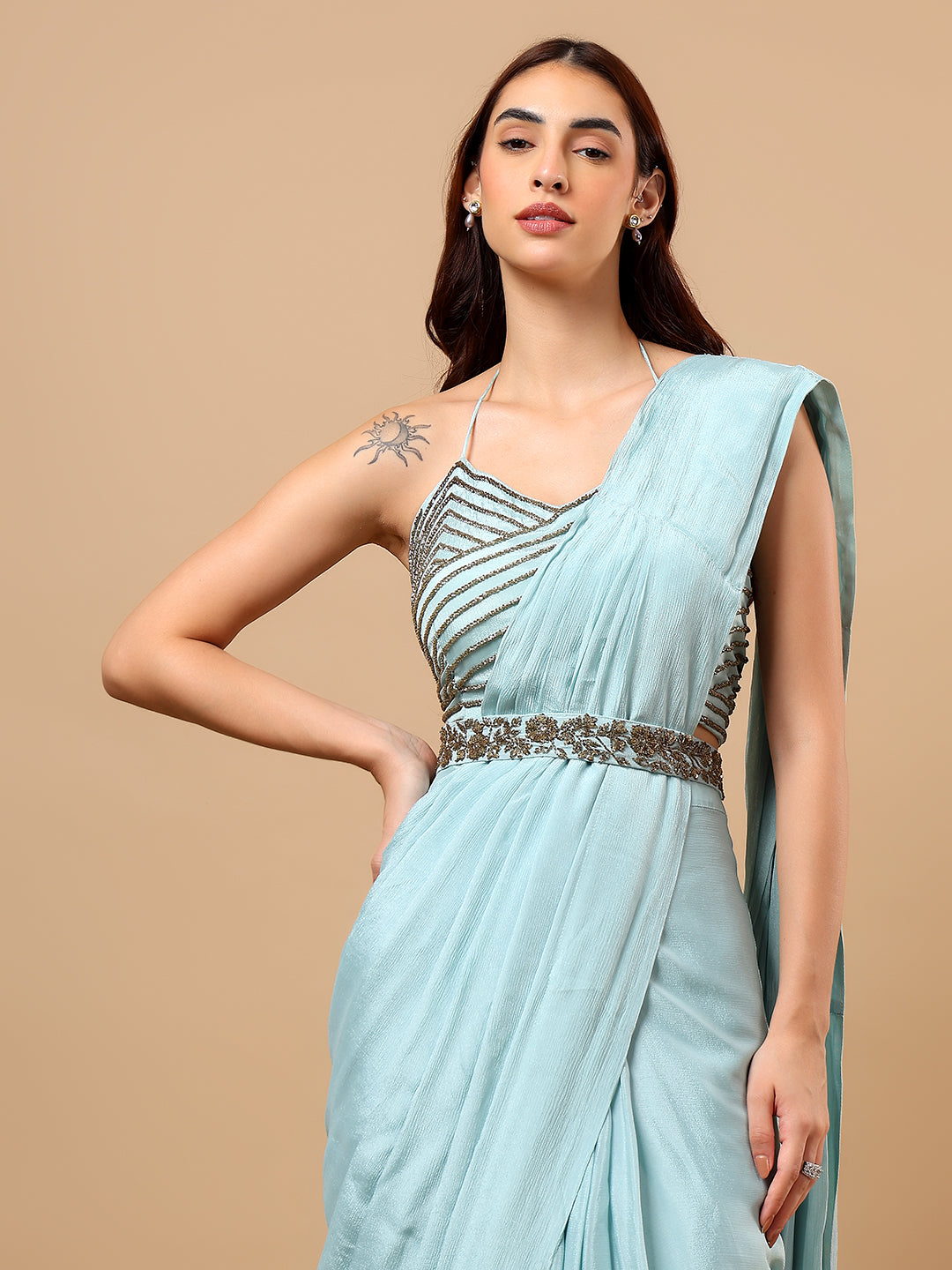 Sky Blue Chinon Hand Embellished Draped Saree with Cape