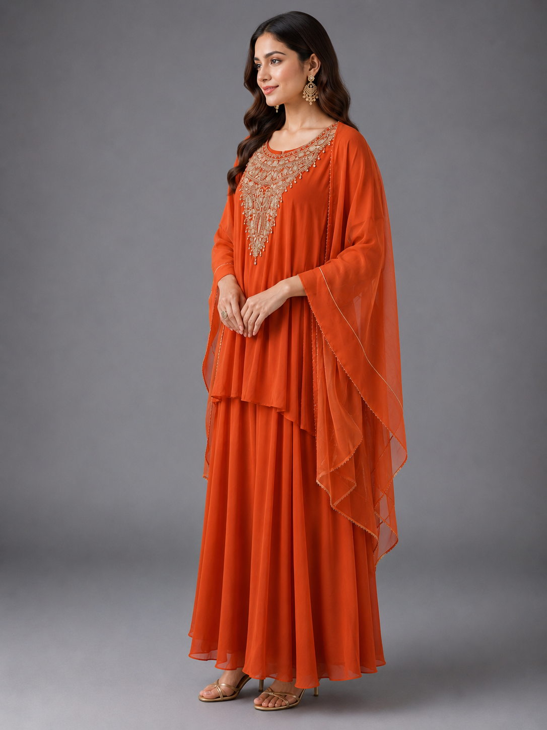 Orange Satin Embellish Flat Pant with shirt Dupatta