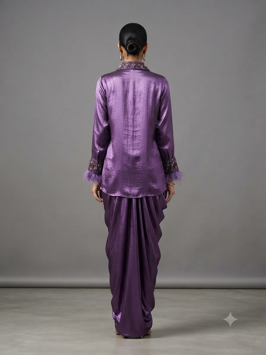 Purple Satin Blend Straight-Cut Shirt Cowl Drape Skirt