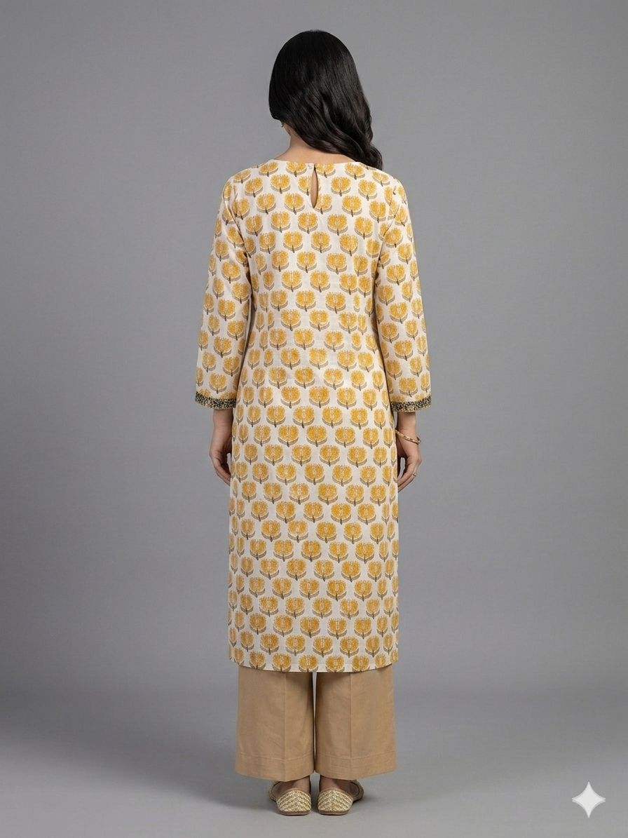 Yellow Printed Cotton Kurta