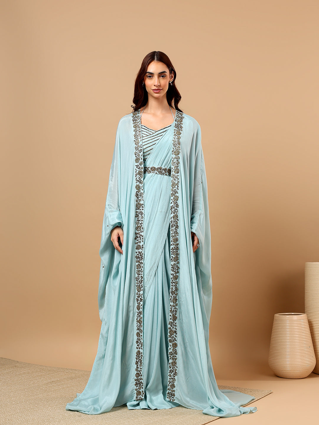Sky Blue Chinon Hand Embellished Draped Saree with Cape