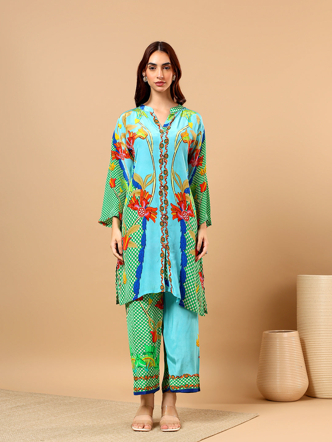 Green Printed Satin Cord Set
