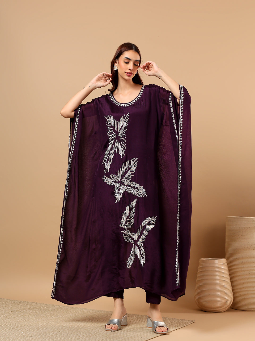 Wine Crepe Kaftan Set