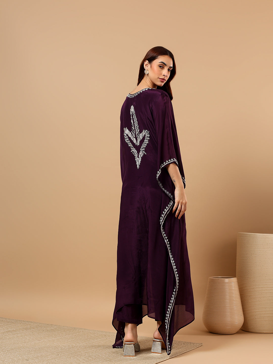 Wine Crepe Kaftan Set