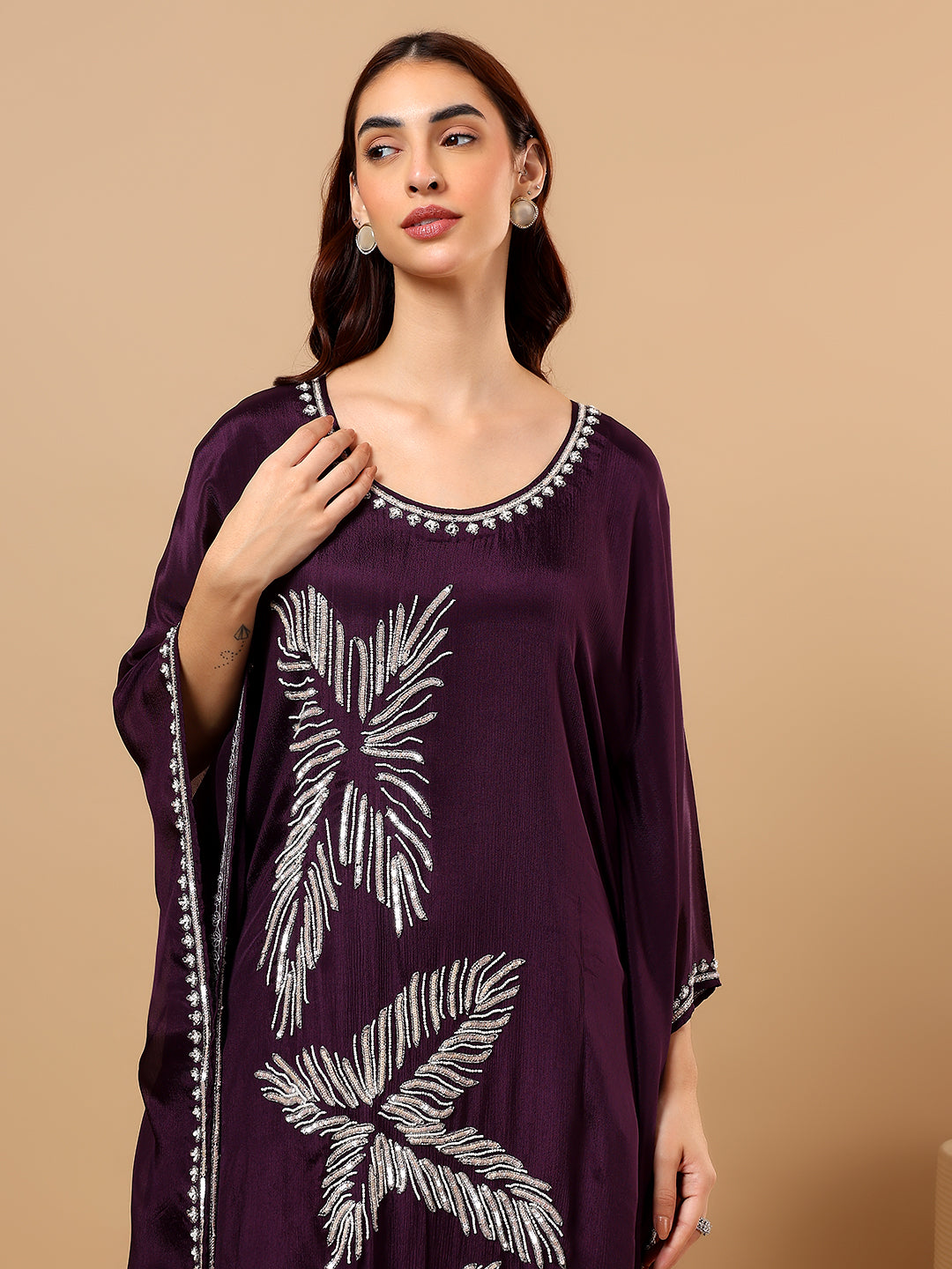 Wine Crepe Kaftan Set