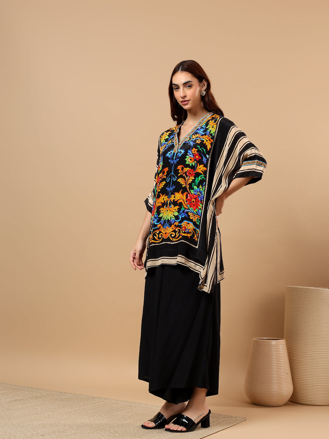 Black Printed Satin Cord Set